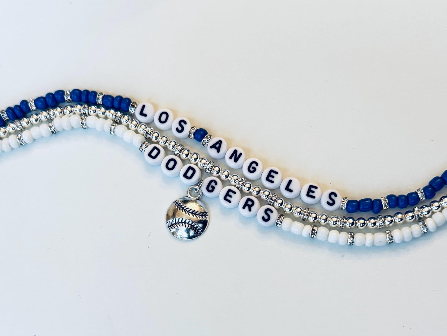 Los Angeles Baseball Bracelet Stack – Blue, White & Silver Beaded 3-Piece Set, Handmade Game Day Jewelry Gift for Her