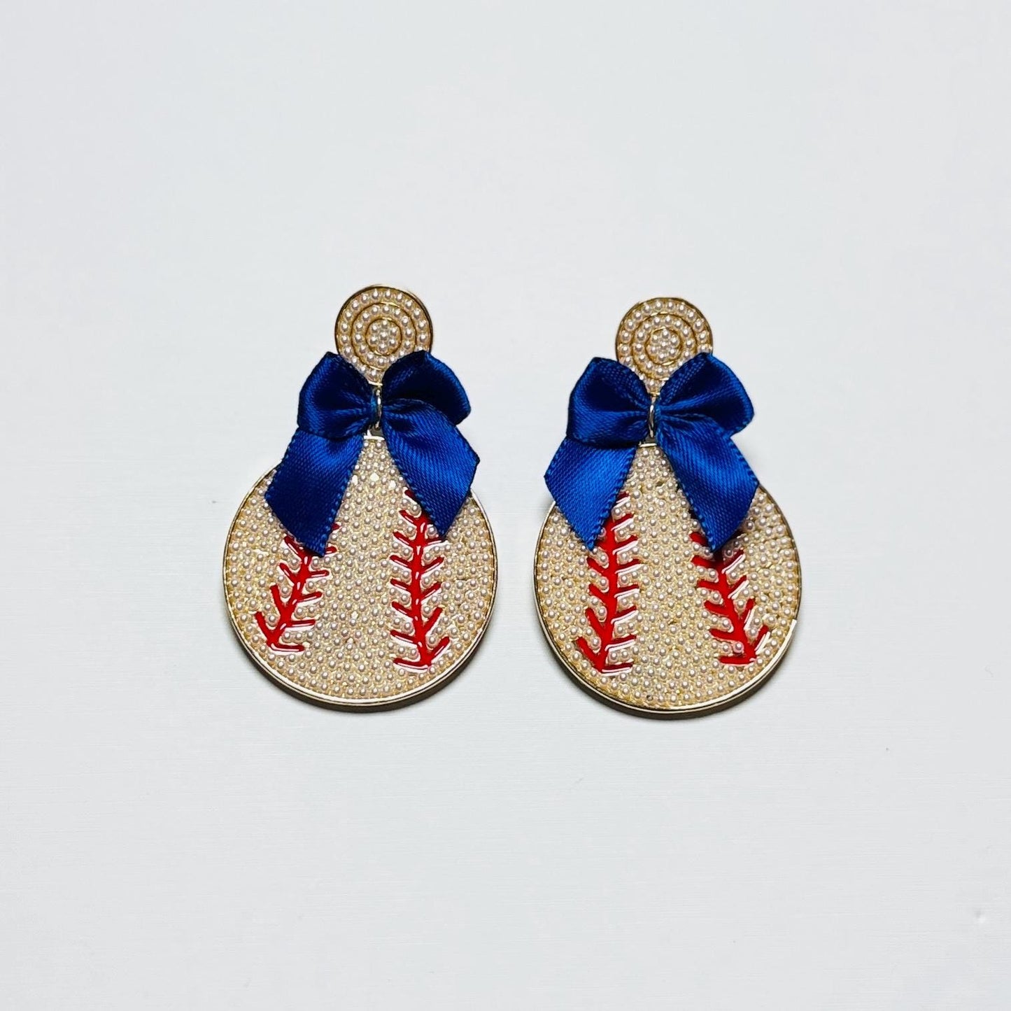 Baseball Dangle Earrings with Bow – Red or Blue Bow, Gold Sports Earrings, Game Day Jewelry Gift for Her