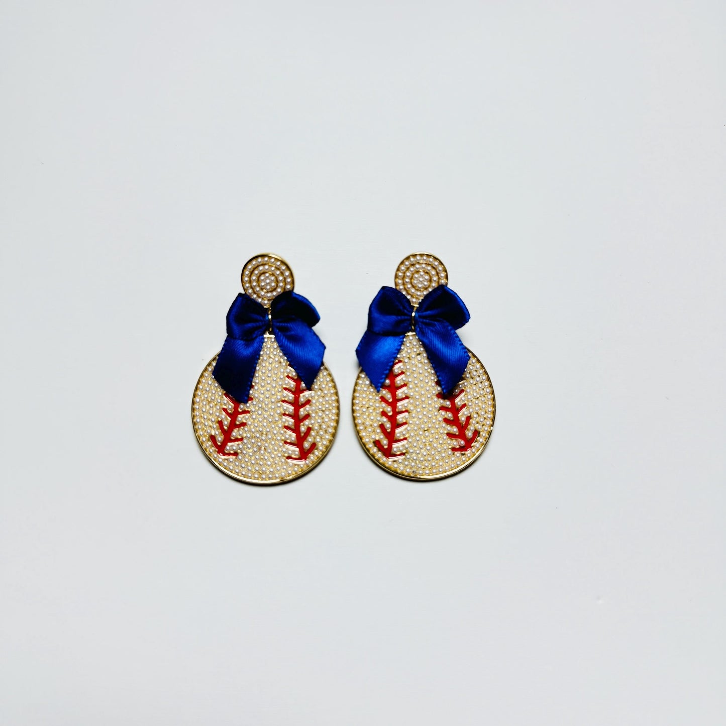 Baseball Dangle Earrings with Bow – Red or Blue Bow, Gold Sports Earrings, Game Day Jewelry Gift for Her