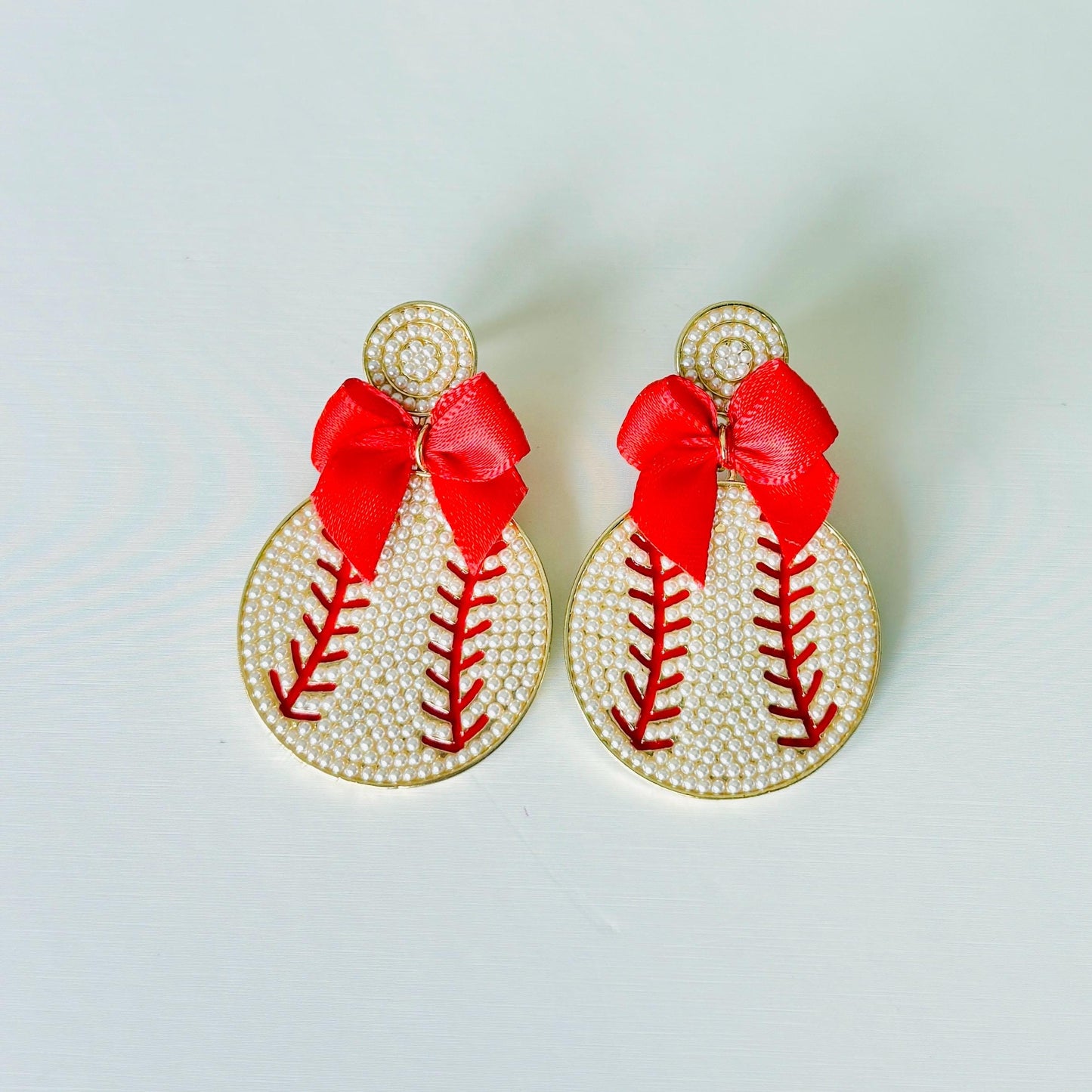 Baseball Dangle Earrings with Bow – Red or Blue Bow, Gold Sports Earrings, Game Day Jewelry Gift for Her