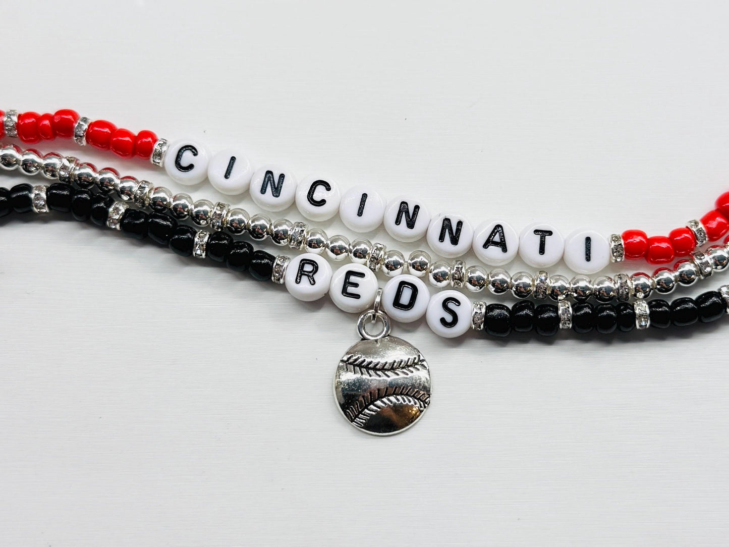 Cincinnati Baseball Bracelet Stack – 3-Piece Red, Black, and Silver Beaded Stretch Bracelets, Handmade Game Day Jewelry Gift