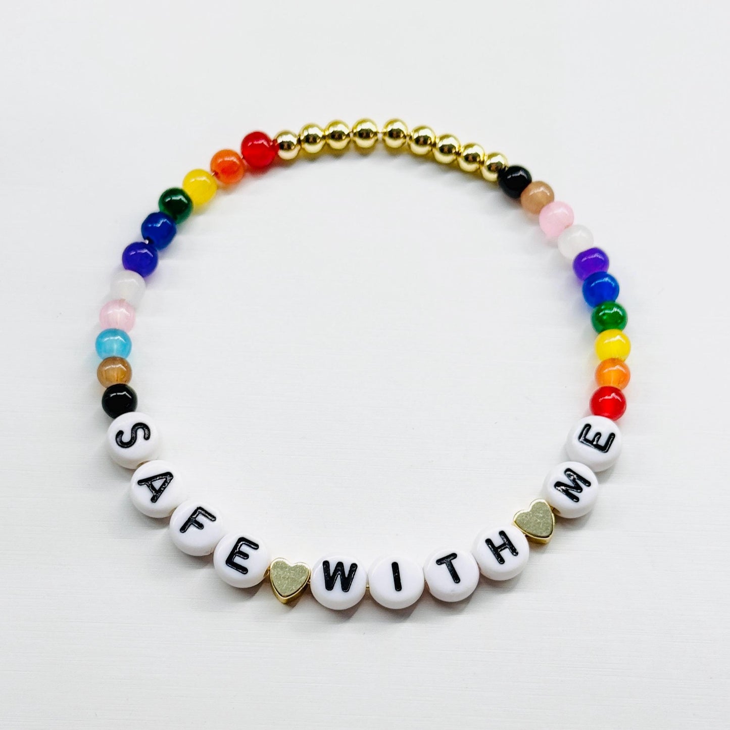Safe With Me LGBTQIA+ Bracelet – Rainbow Pride Beaded Bracelet, Handmade Ally Jewelry, Inspirational Gift with Donation