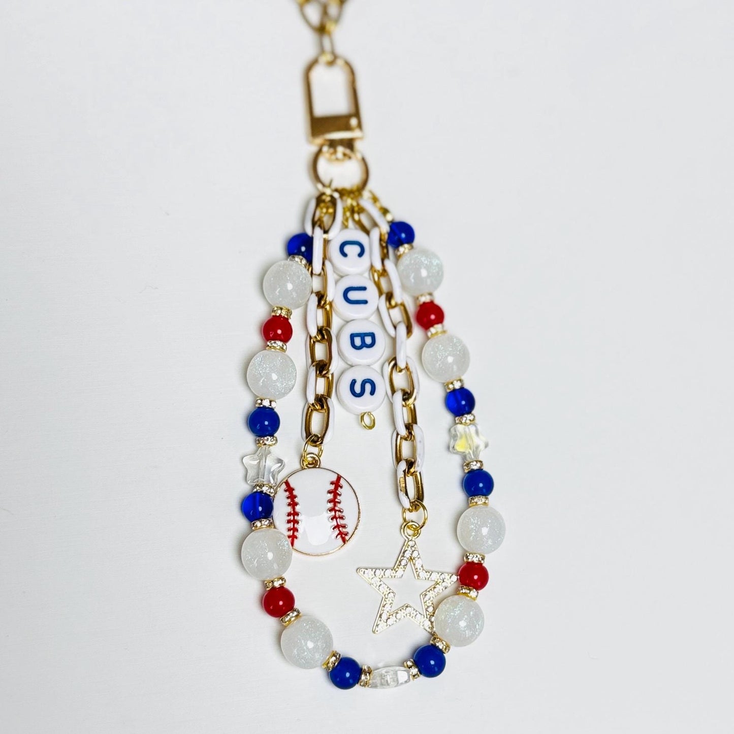 Cubs Baseball Bag Charm – Red, Blue & White Beaded Keychain with Baseball Charms, Handmade Fan Gift or Game Day Accessory