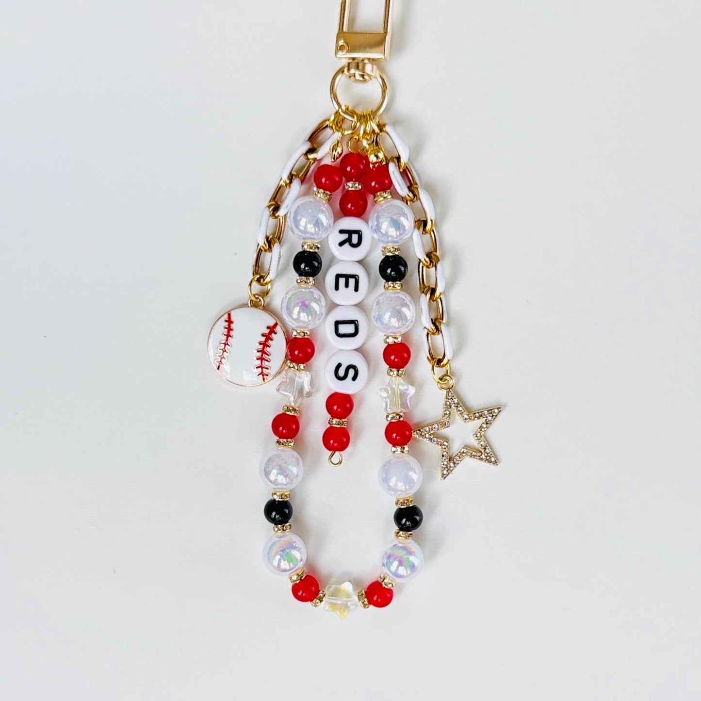 Reds Baseball Bag Charm – Handmade Beaded Keychain with Baseball and Star Charms, Fan Gift, Game Day Backpack or Zipper Pull Accessory