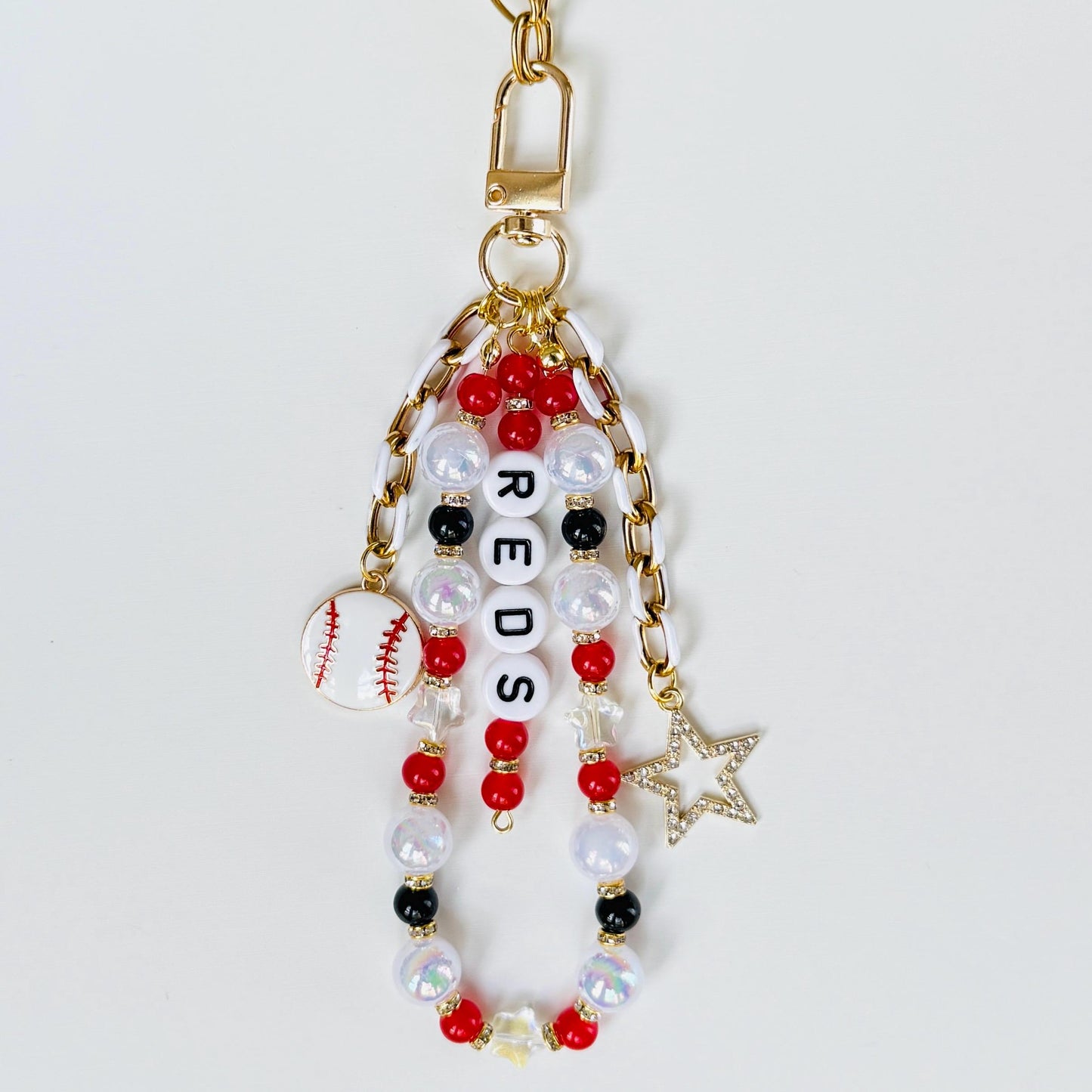 Reds Baseball Bag Charm – Handmade Beaded Keychain with Baseball and Star Charms, Fan Gift, Game Day Backpack or Zipper Pull Accessory