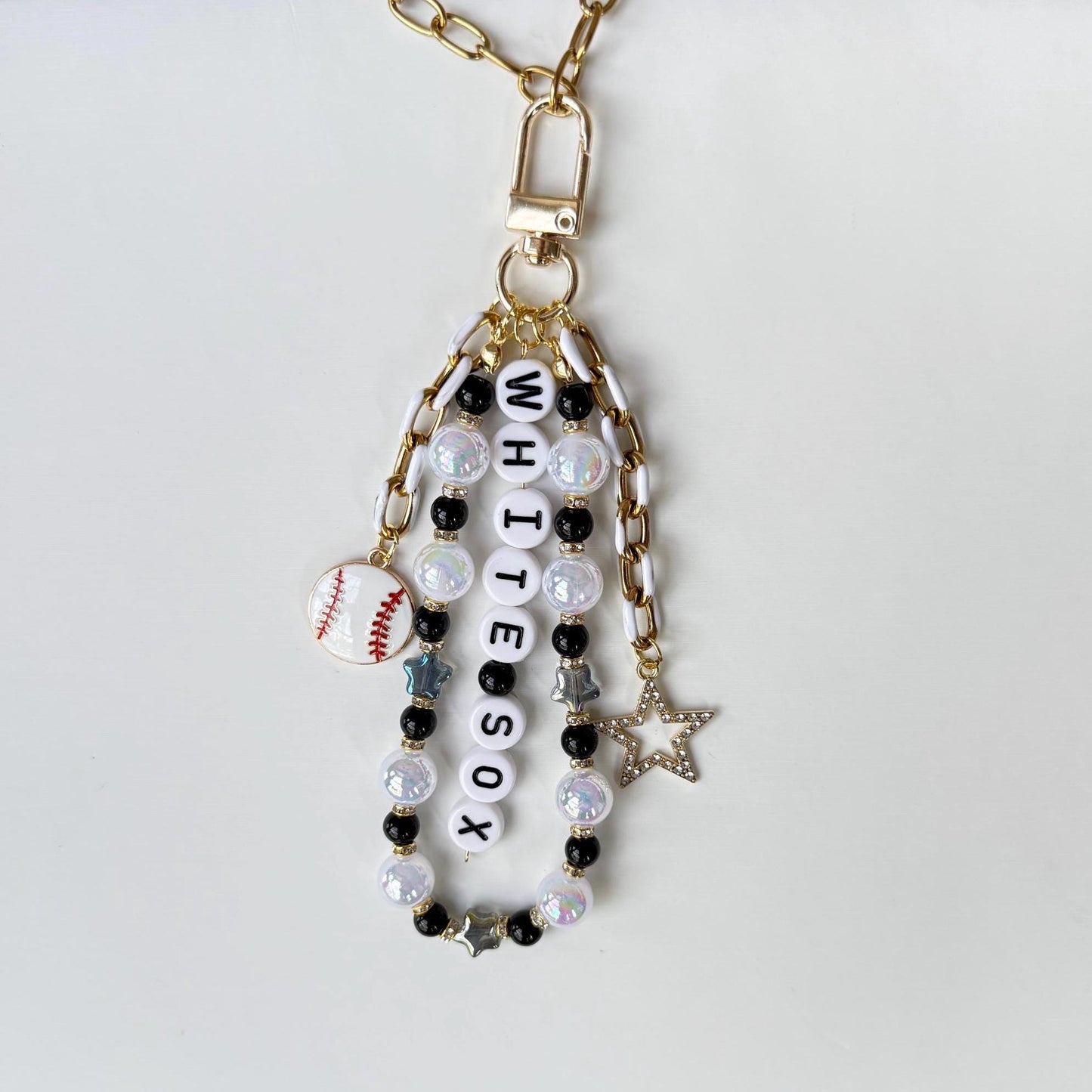 White Sox Baseball Bag Charm – Handmade Beaded Keychain, Baseball Fan Gift, Game Day Accessory