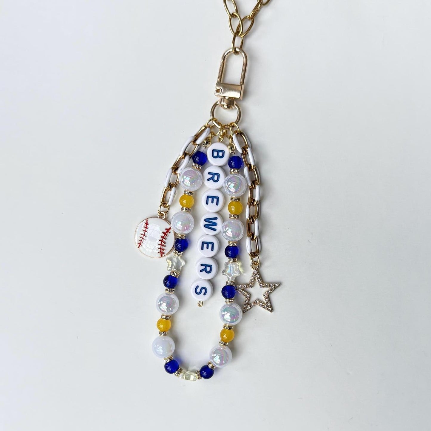 Brewers Baseball Bag Charm – Navy, Gold & White Beaded Keychain with Baseball Charms, Handmade Fan Gift or Game Day Accessory