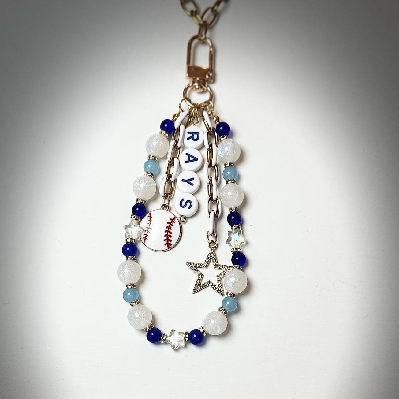 Rays Baseball Bag Charm – Handmade Beaded Keychain with Baseball and Star Charms, Fan Gift, Game Day Backpack or Zipper Pull Accessory