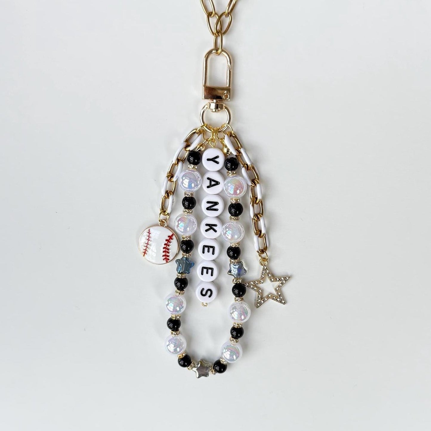 Yankees Baseball Bag Charm – Handmade Beaded Keychain with Star Charms, NY Fan Gift, Backpack or Purse Accessory