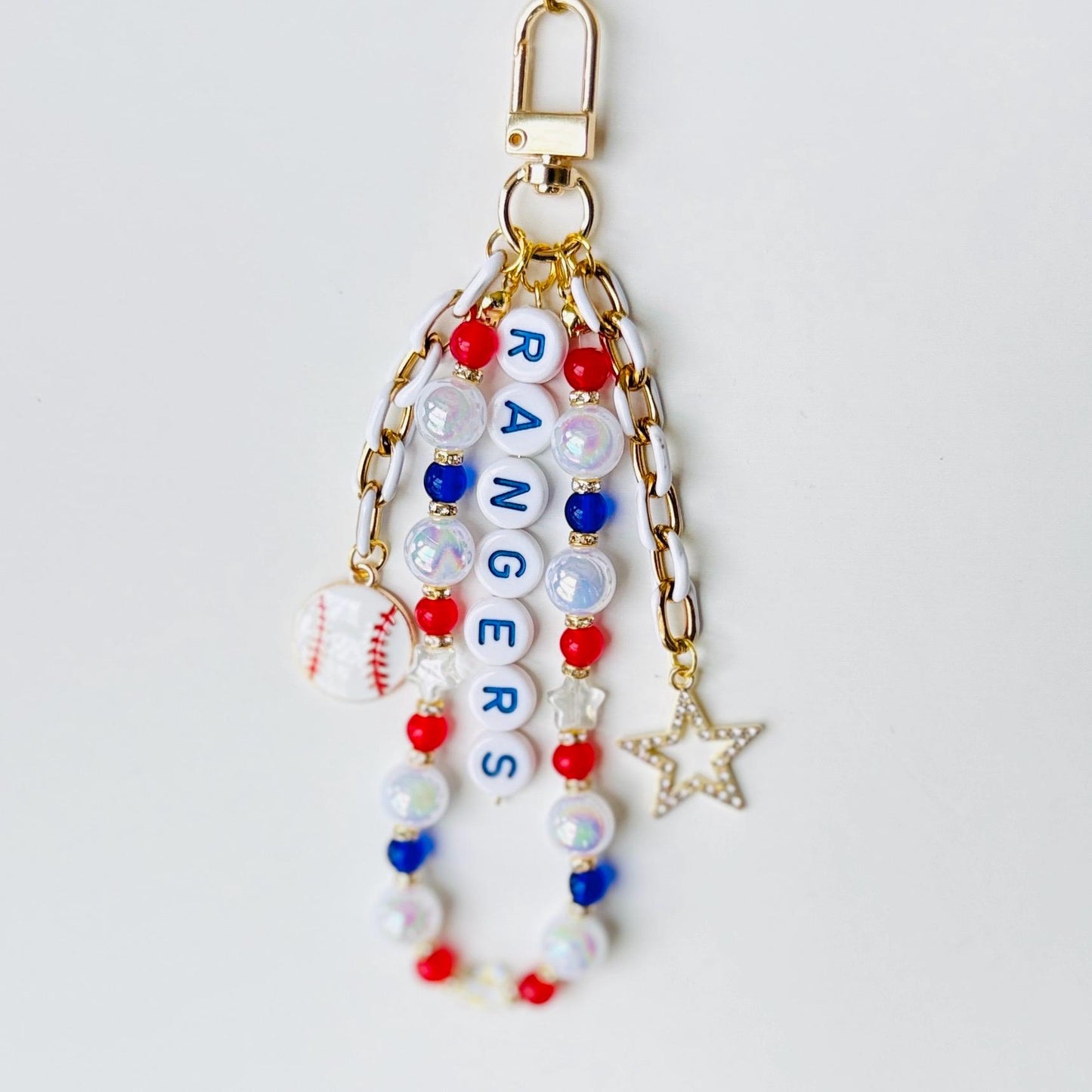 Rangers Baseball Bag Charm – Red, Blue & Silver Beaded Keychain with Baseball Charm, Handmade Game Day Fan Gift