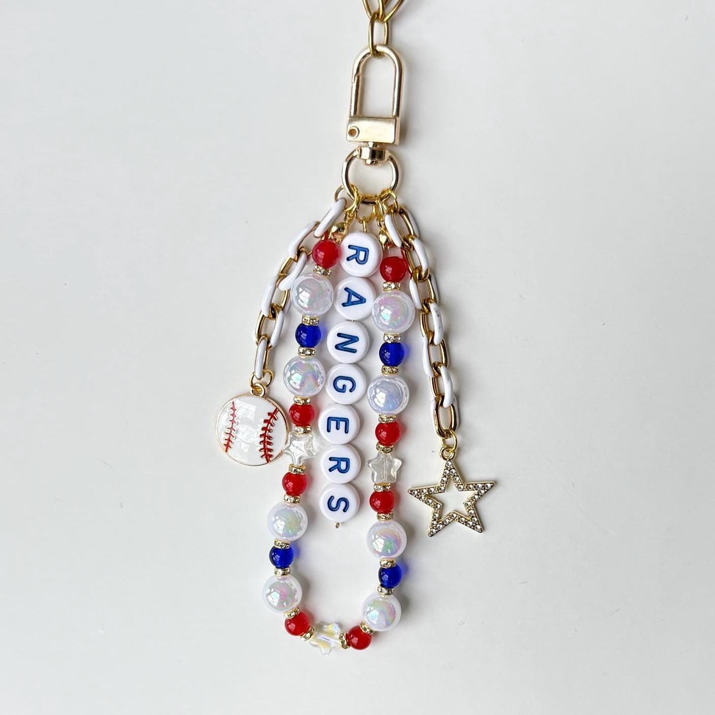 Rangers Baseball Bag Charm – Red, Blue & Silver Beaded Keychain with Baseball Charm, Handmade Game Day Fan Gift