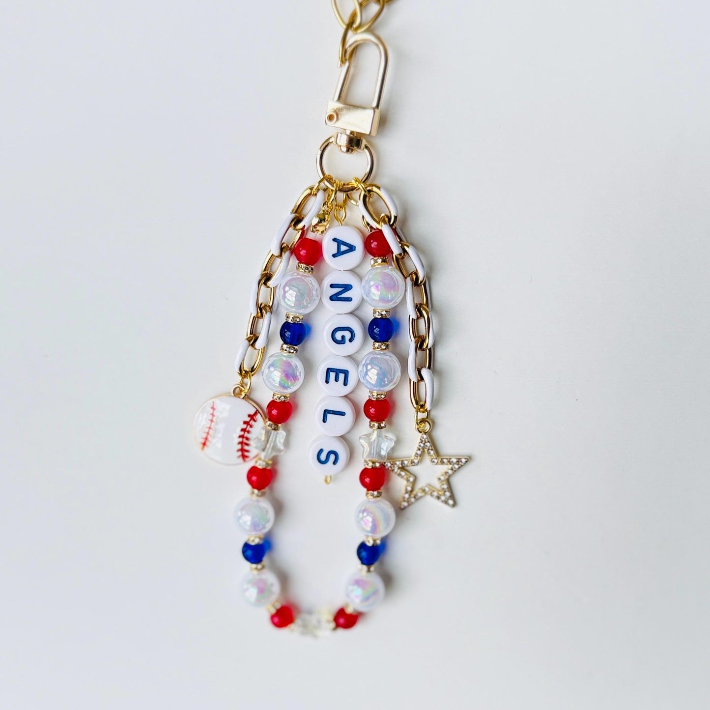 Angels Baseball Bag Charm – Handmade Beaded Keychain, Baseball Fan Gift, Game Day Accessory or Backpack Zipper Pull