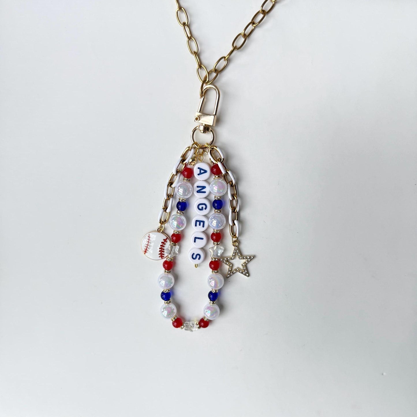 Angels Baseball Bag Charm – Handmade Beaded Keychain, Baseball Fan Gift, Game Day Accessory or Backpack Zipper Pull