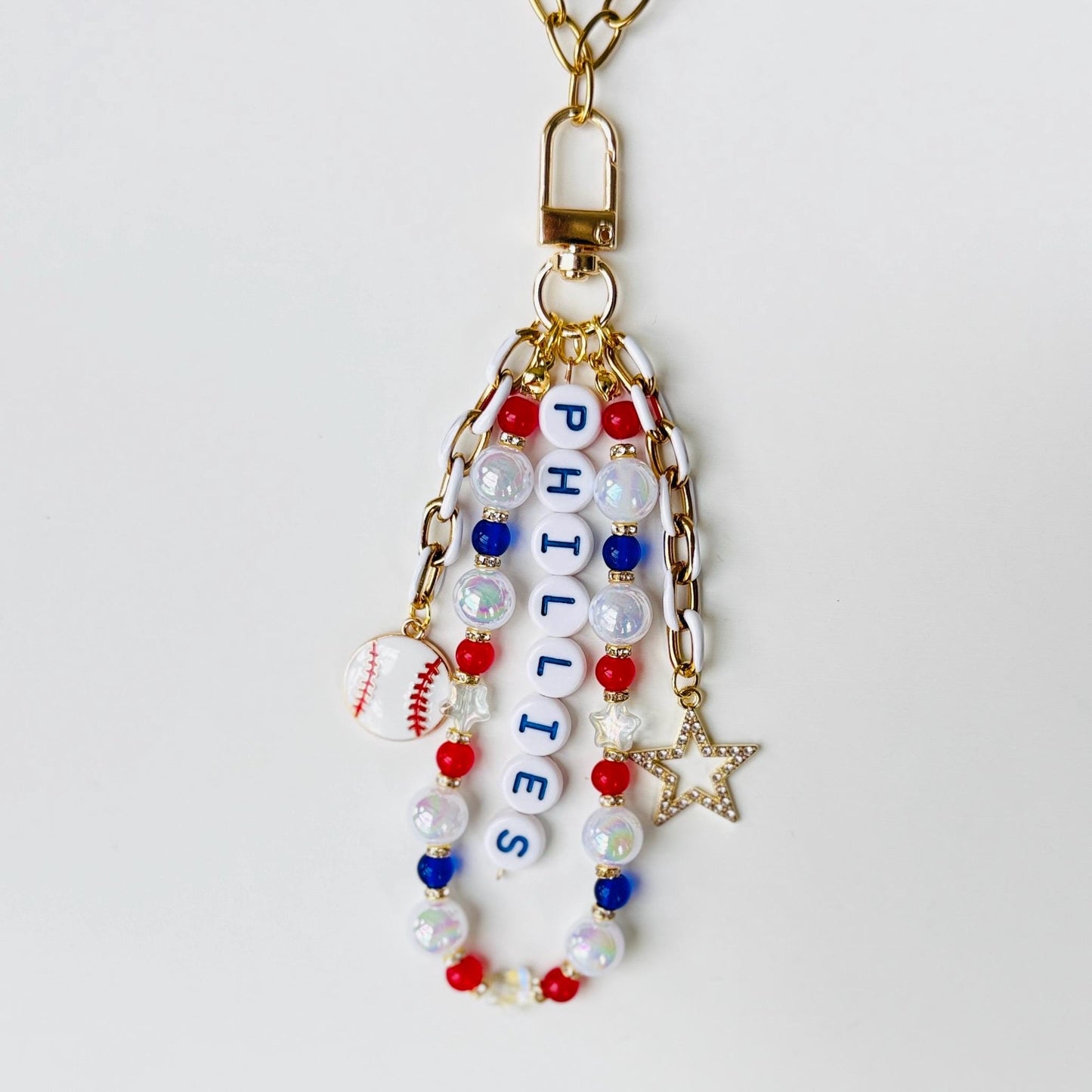 Phillies Baseball Bag Charm – Red, White & Blue Beaded Keychain, Game Day Purse or Backpack Accessory, Fan Gift