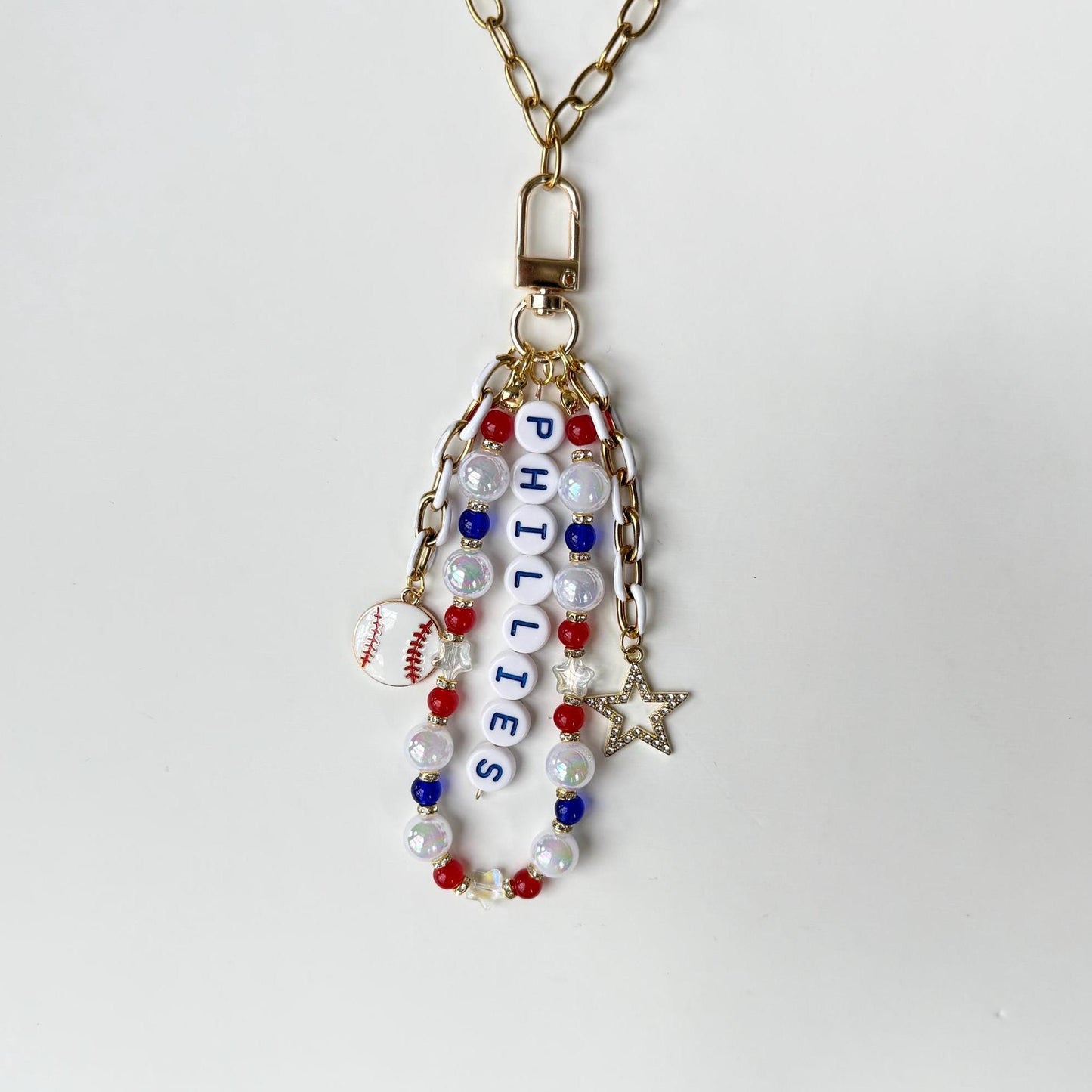 Phillies Baseball Bag Charm – Red, White & Blue Beaded Keychain, Game Day Purse or Backpack Accessory, Fan Gift