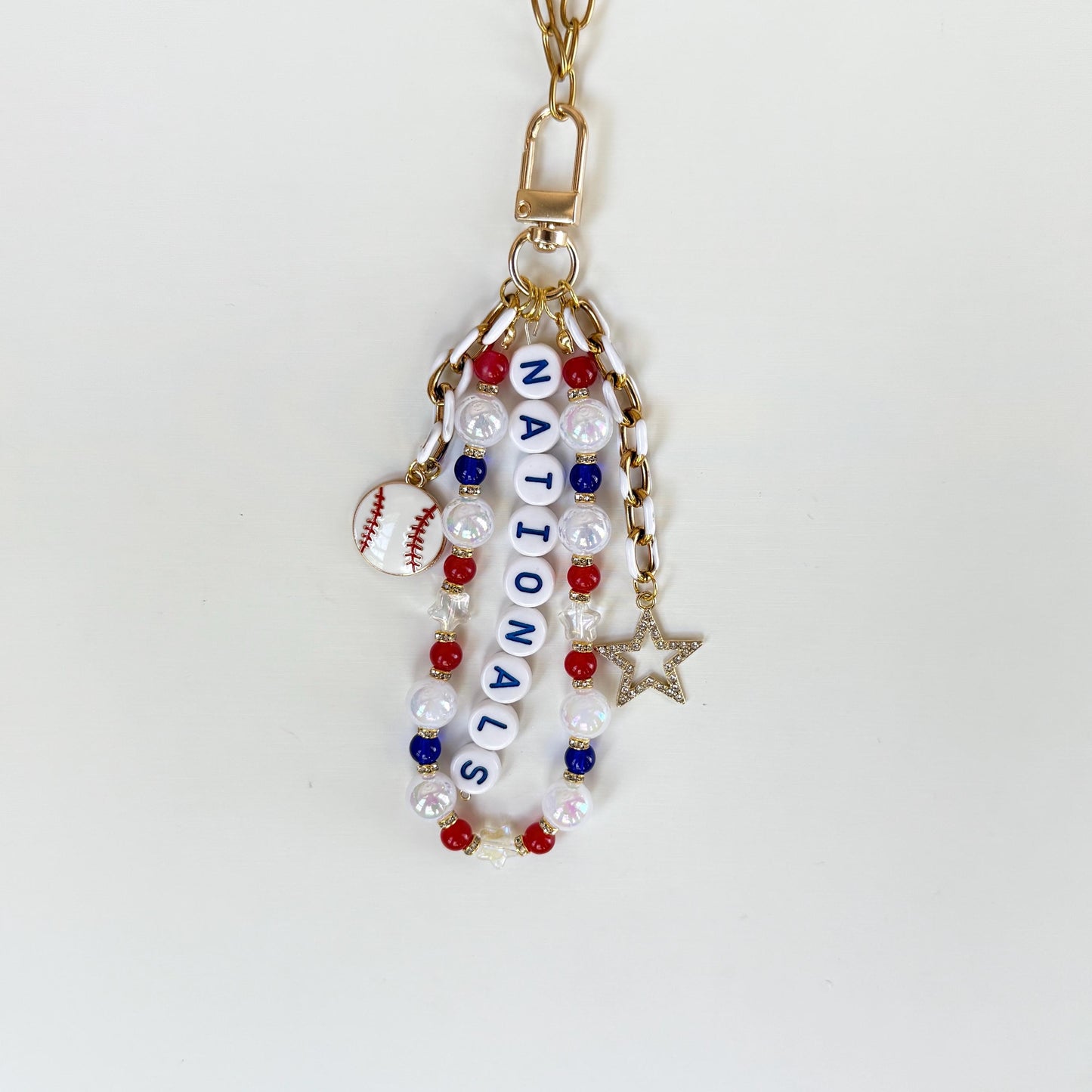 Nationals Baseball Bag Charm – Handmade Beaded Keychain, Baseball Fan Gift, Game Day Accessory, Backpack or Zipper Pull