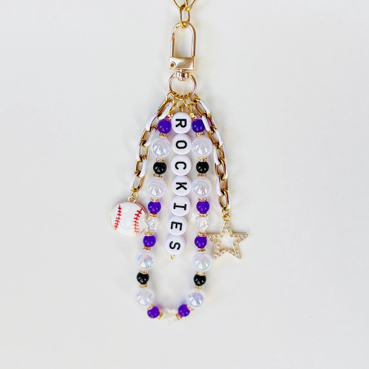 Rockies Baseball Bag Charm – Handmade Beaded Keychain with Baseball and Star Charms, Fan Gift, Game Day Backpack or Zipper Pull Accessory