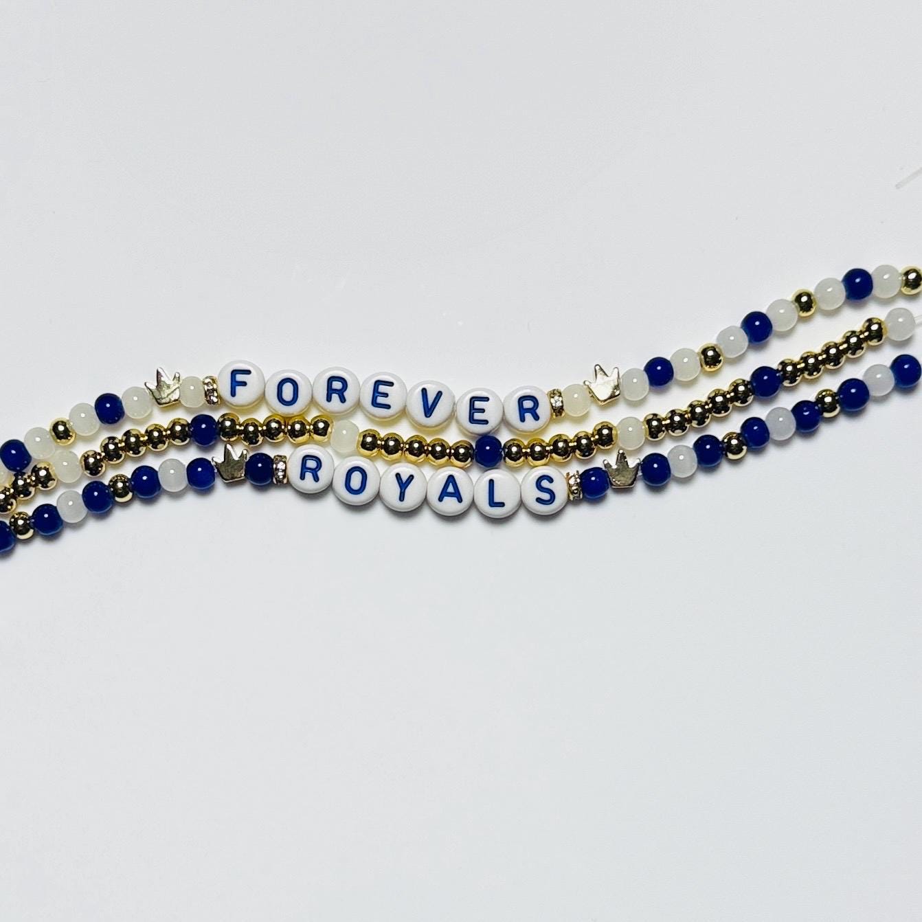 Forever Royals Bracelet Stack – 3-Piece Blue, White & Gold Baseball Bracelet Set with Crown Charm, KC Fan Gift