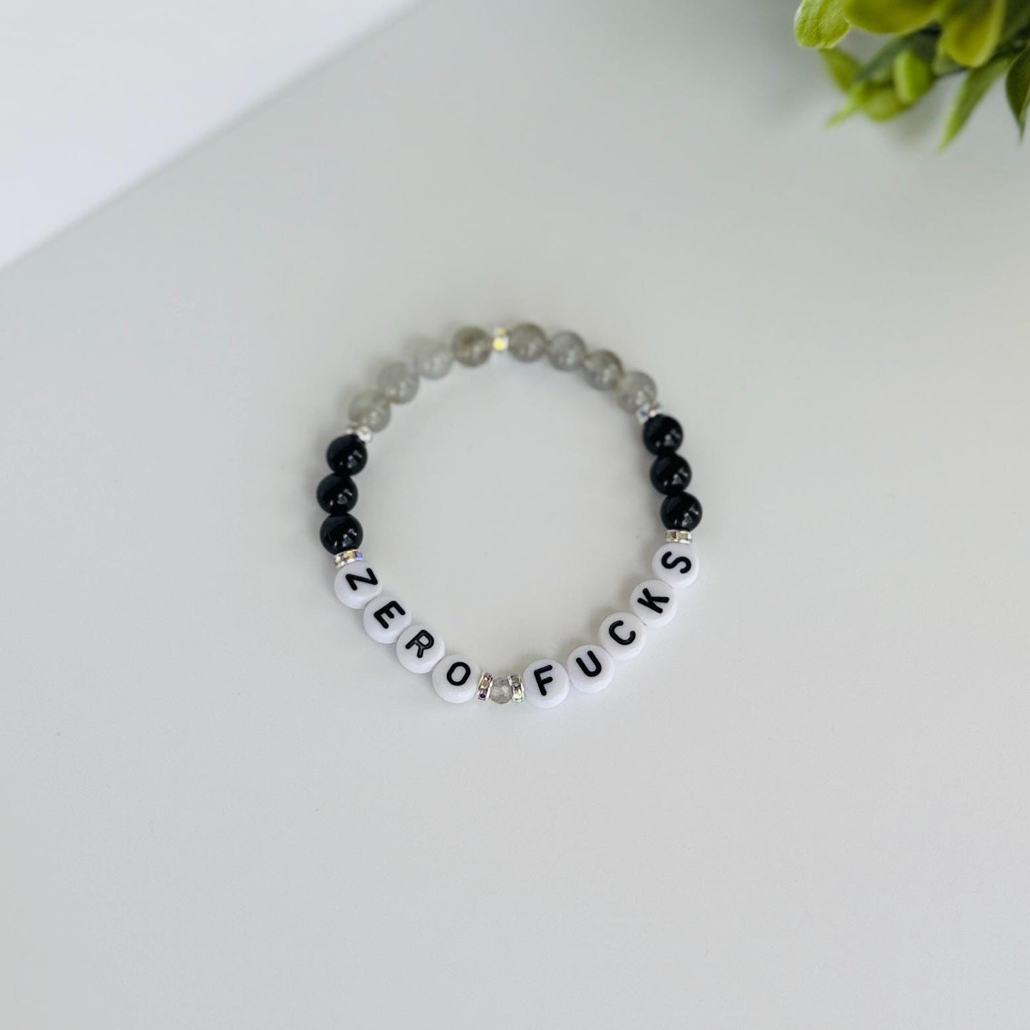 ZERO FUCKS Bracelet – Labradorite & Black Tourmaline Beaded Protection Bracelet with Silver Accents, Stretchy