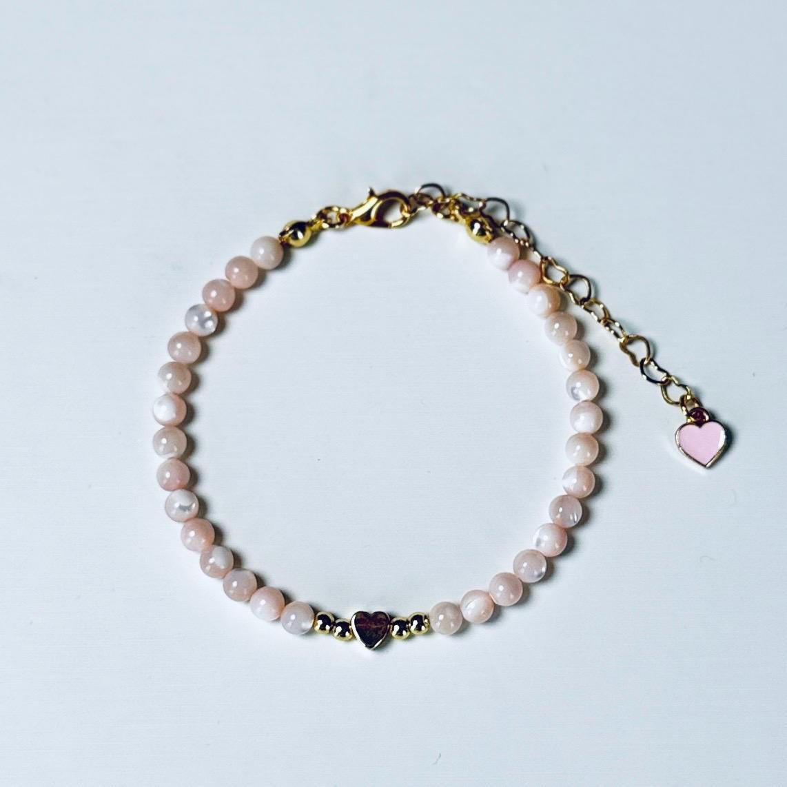 Dainty Bridal Bracelet – Mother of Pearl Beaded Bracelet with Heart Accent, Gold or Silver, Pink or White, Bridesmaid Gift
