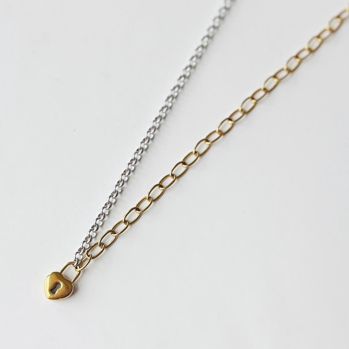 Heart Lock Pendant Necklace – Mixed Metal Chunky Chain Necklace, 18K Gold-Plated Stainless-Steel Statement Jewelry