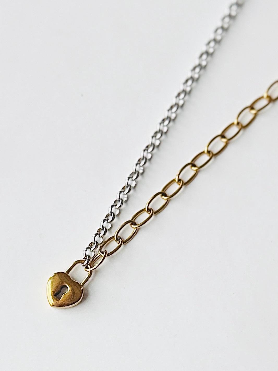Heart Lock Pendant Necklace – Mixed Metal Chunky Chain Necklace, 18K Gold-Plated Stainless-Steel Statement Jewelry
