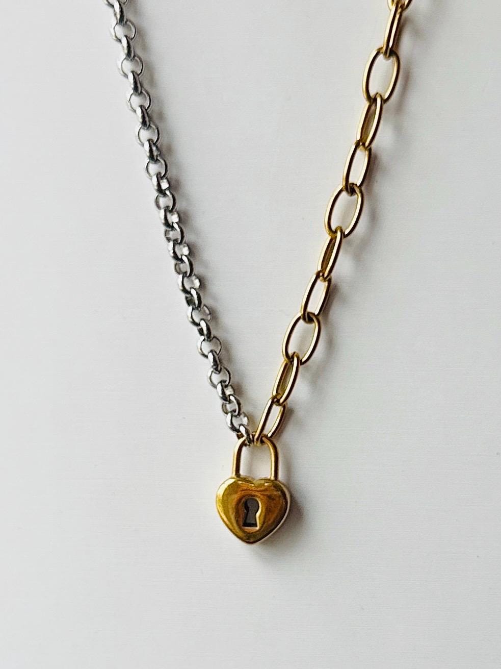 Heart Lock Pendant Necklace – Mixed Metal Chunky Chain Necklace, 18K Gold-Plated Stainless-Steel Statement Jewelry
