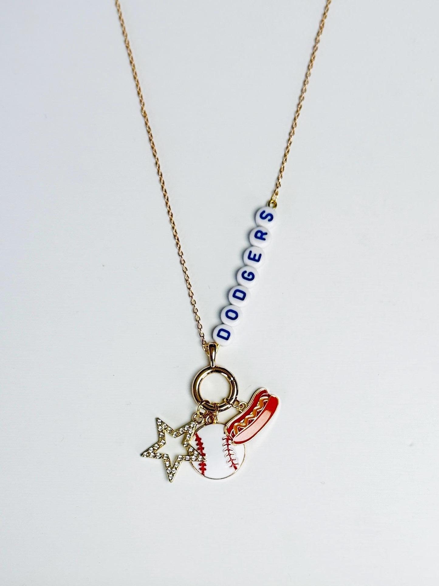 Dodgers-Inspired Baseball Charm Necklace – Blue and White Beaded Jewelry, Game Day Gift for Her, Sports Fan Accessory