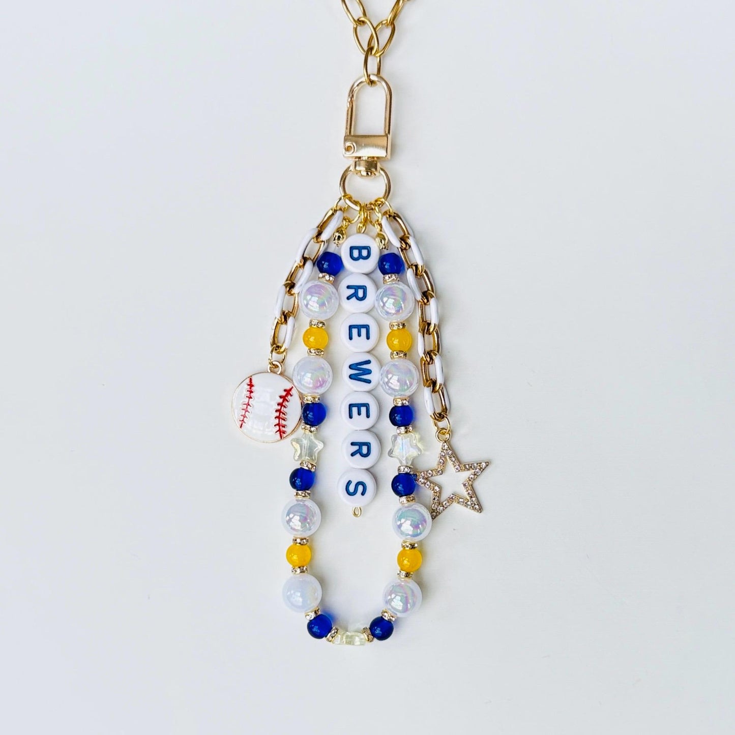Brewers Baseball Bag Charm – Navy, Gold & White Beaded Keychain with Baseball Charms, Handmade Fan Gift or Game Day Accessory