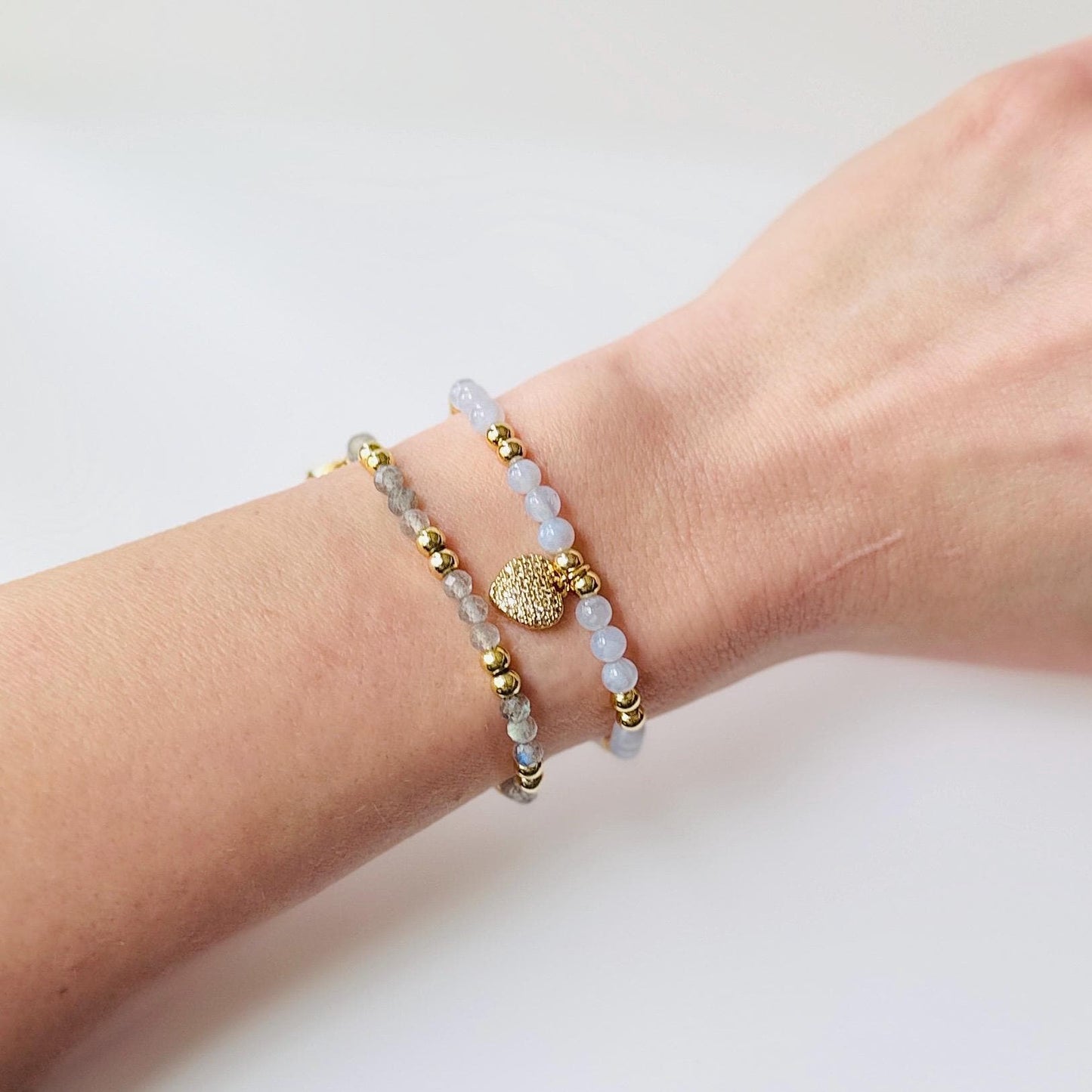 Blue Lace Agate Bracelet – 4mm Calming Crystal Beads with Gold Accents and Heart Charm, Patience and Peace Energy