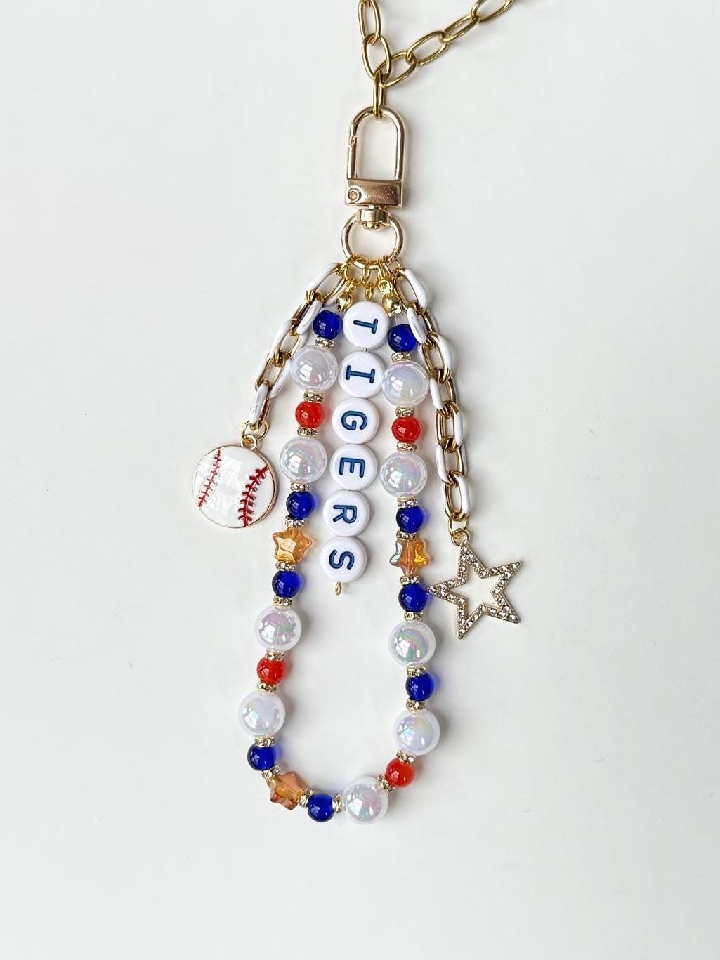 Tigers Baseball Bag Charm – Handmade Beaded Keychain for Detroit Fans, Orange and Navy Game Day Accessory, Fan Gift