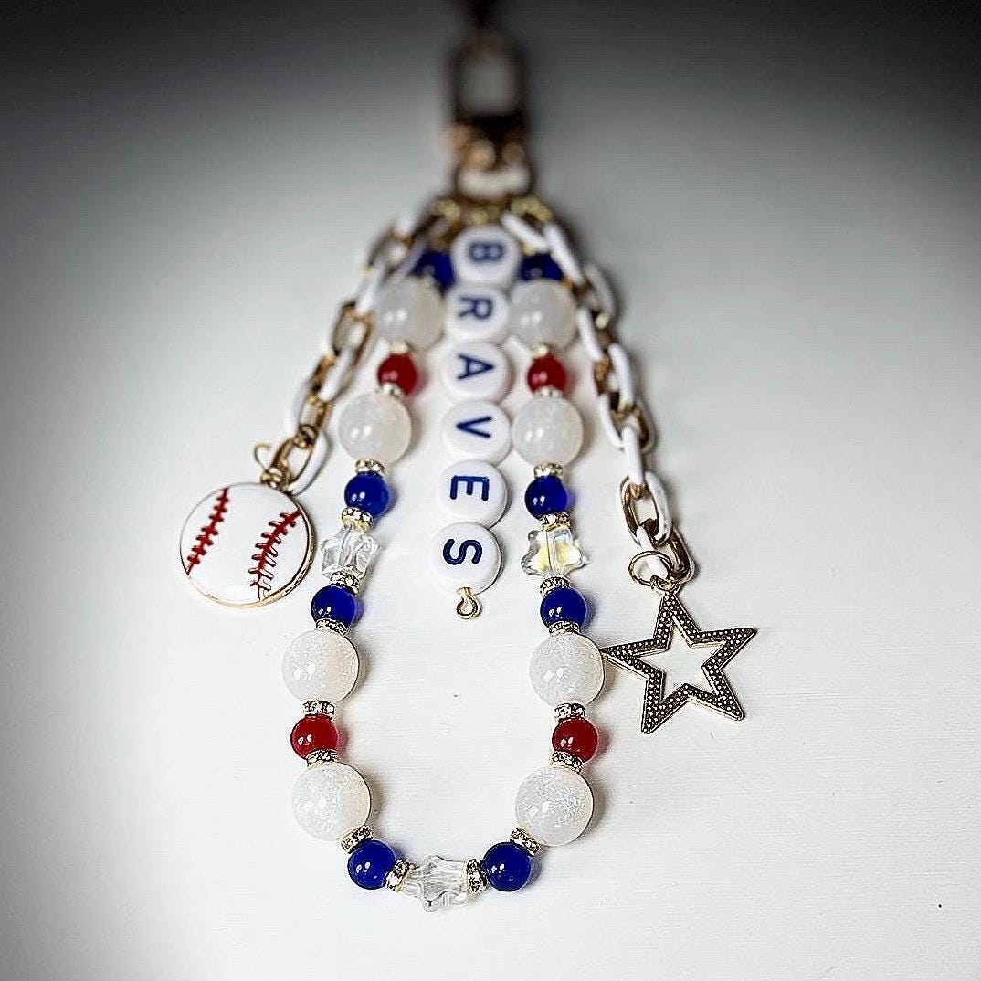 Braves Baseball Bag Charm – Red White Blue Beaded Keychain, Game Day Fan Gift, Handmade Purse or Backpack Accessory