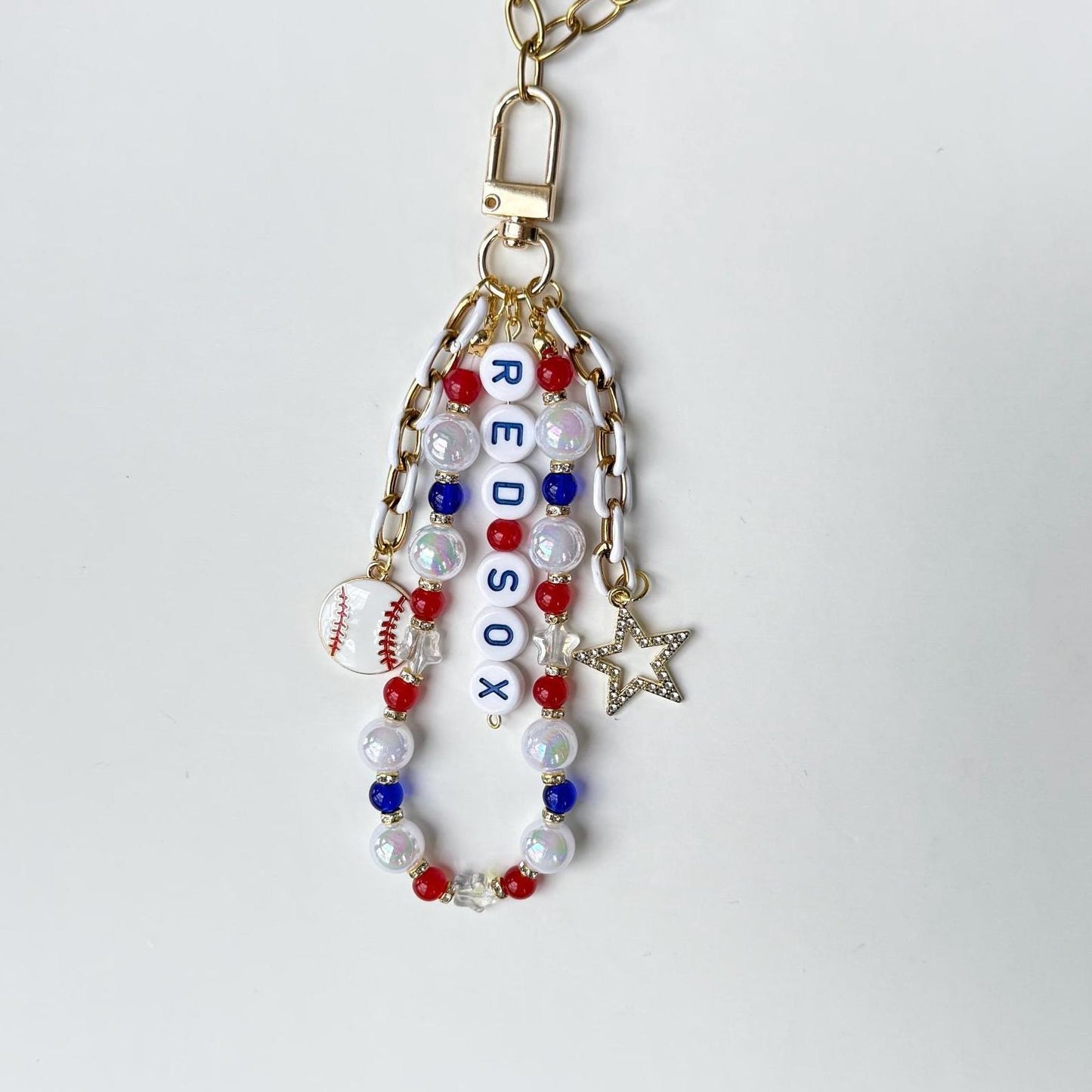 Red Sox Baseball Bag Charm – Red, White & Blue Beaded Keychain, Boston Fan Gift, Game Day Purse or Backpack Accessory