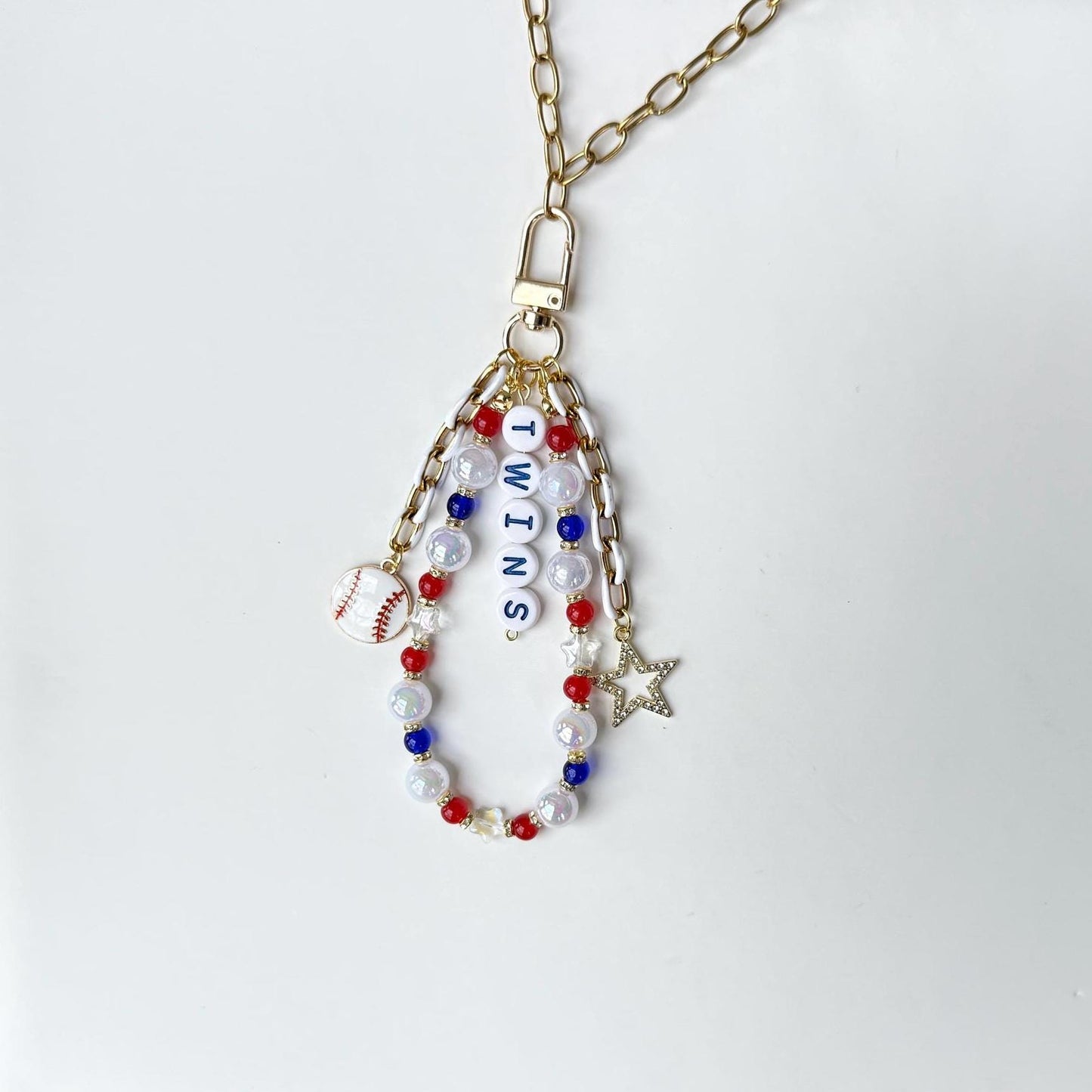 Twins Baseball Bag Charm – Red, Navy & White Beaded Keychain with Baseball Charms, Handmade Fan Gift or Game Day Accessory