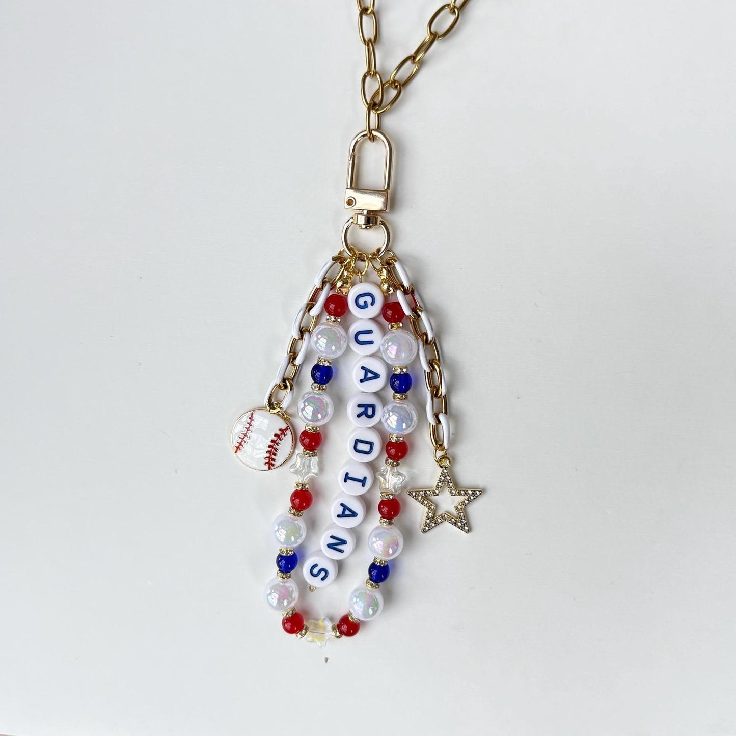 Guardians Baseball Bag Charm – Red, Navy & Silver Beaded Keychain with Baseball Charm, Handmade Game Day Fan Gift