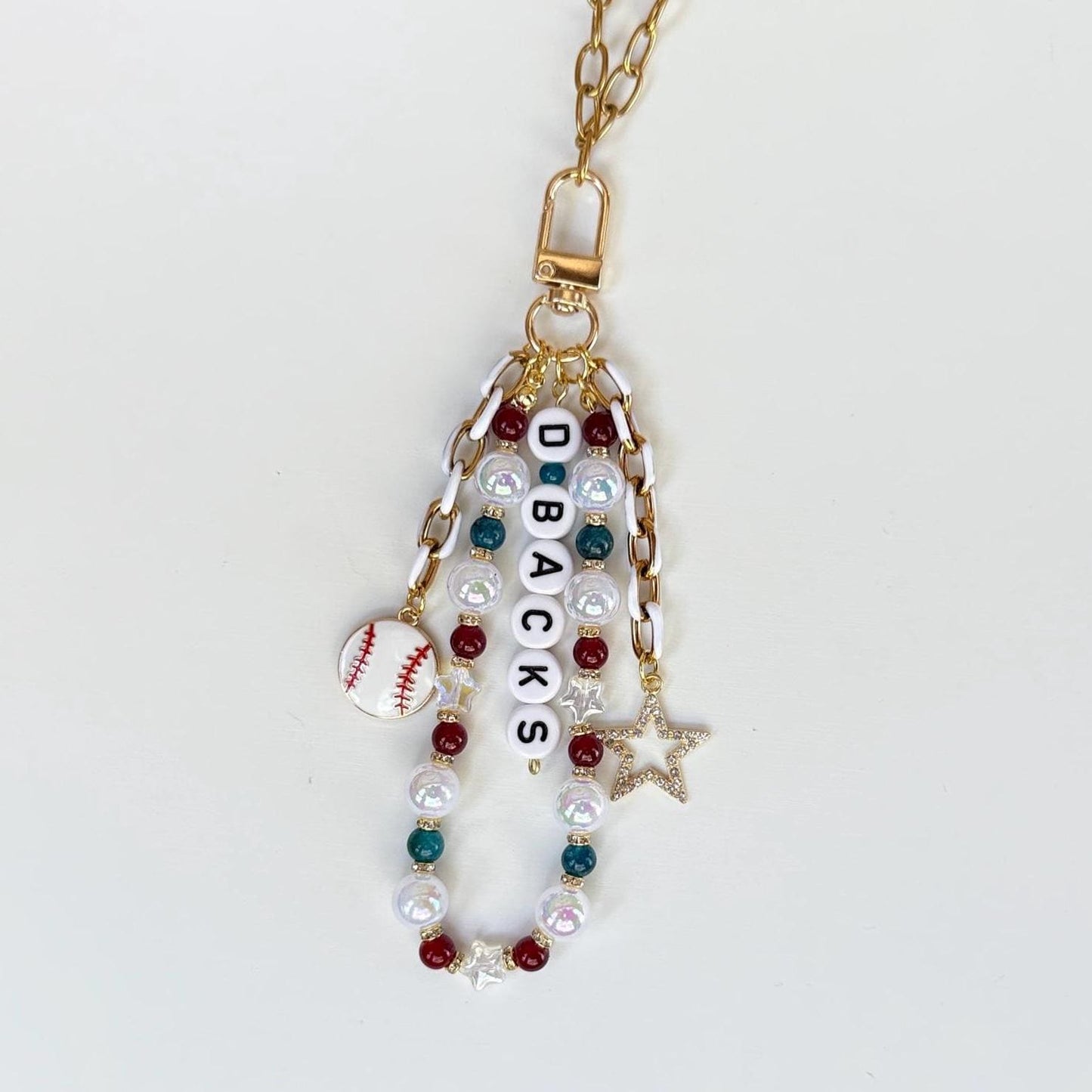 Diamondbacks Baseball Bag Charm – Burgundy, Teal & Gold Beaded Keychain, Handmade Game Day Fan Gift or Accessory