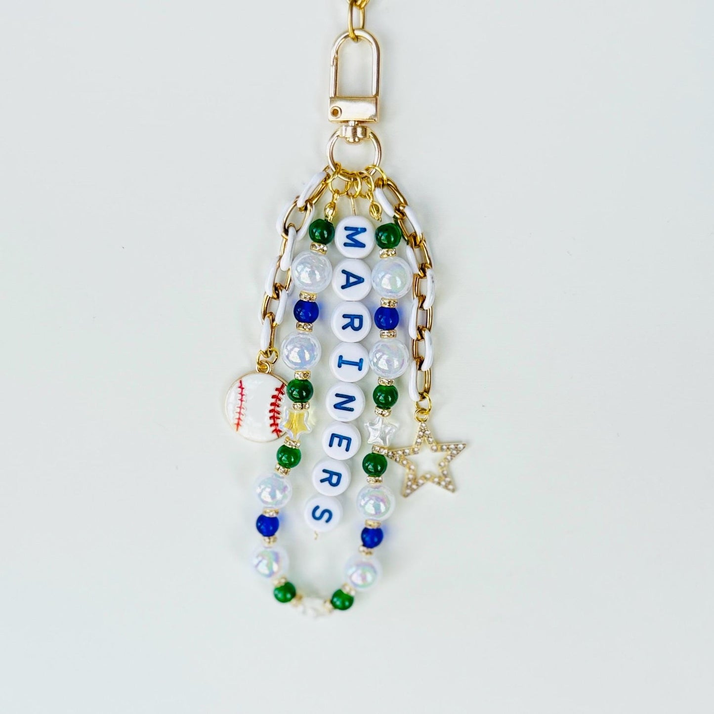 Mariners Baseball Bag Charm – Handmade Beaded Keychain with Baseball and Star Charms, Game Day Fan Gift, Zipper Pull or Backpack Accessory