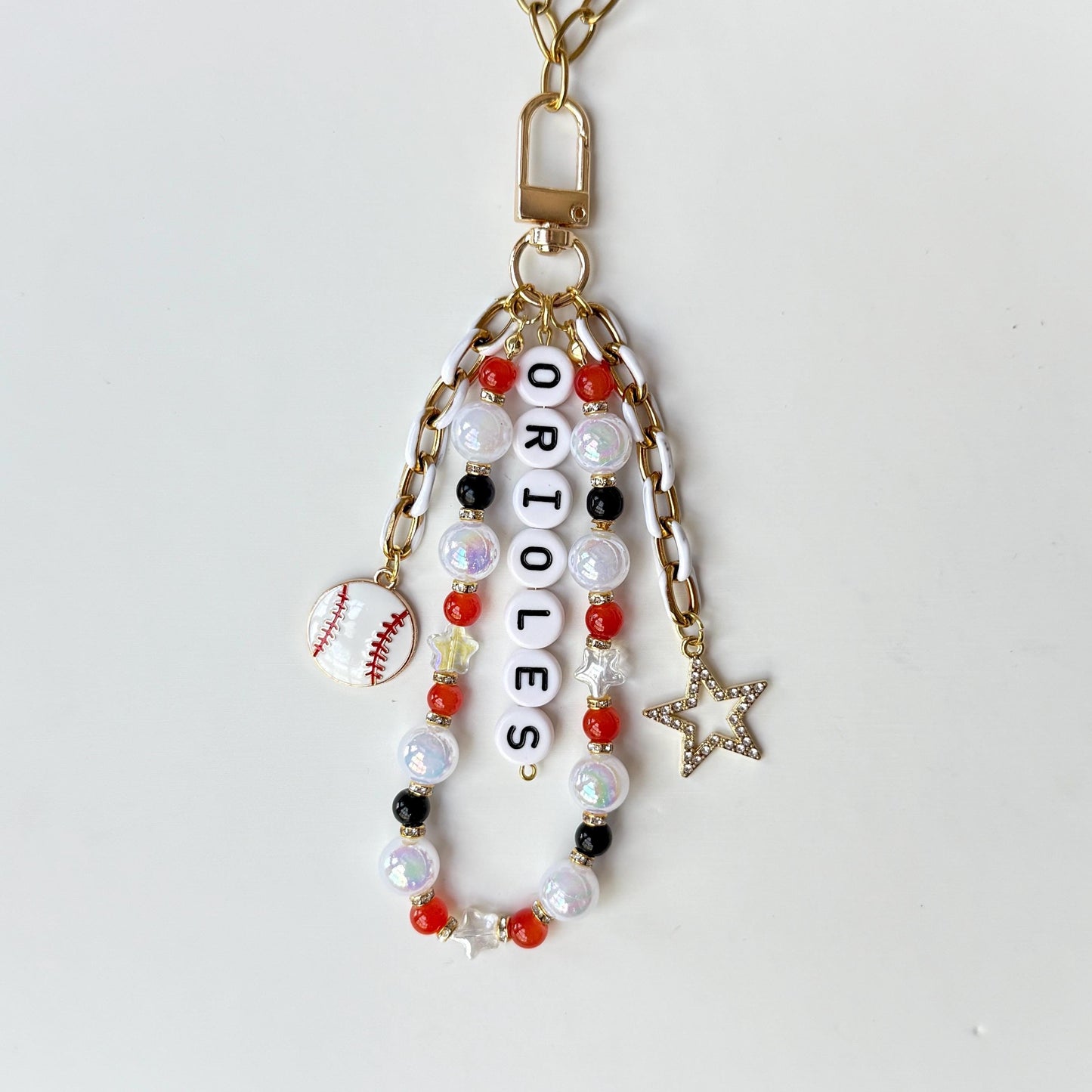 Orioles-Inspired Baseball Bag Charm – Orange & Black Beaded Keychain with Baseball Charm, Fan Gift or Game Day Accessory