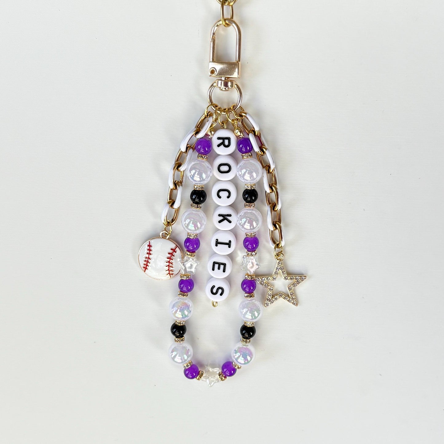 Rockies Baseball Bag Charm – Handmade Beaded Keychain with Baseball and Star Charms, Fan Gift, Game Day Backpack or Zipper Pull Accessory