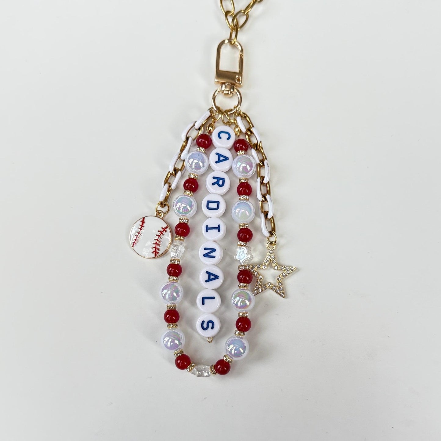Cardinals Baseball Bag Charm – Handmade Beaded Keychain with Baseball & Star Charms, Red Fan Gift, Zipper Pull, Backpack or Purse Accessory