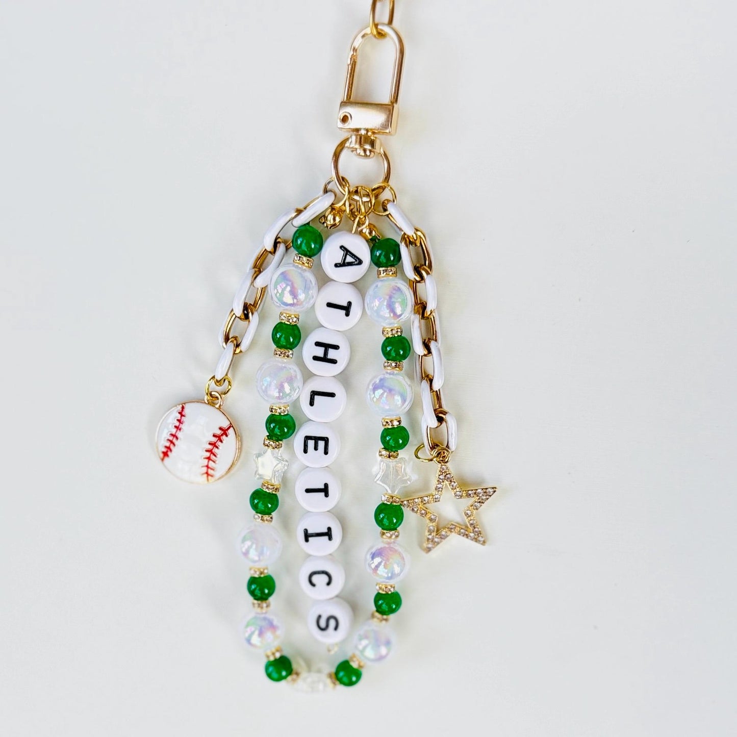 Athletics Baseball Bag Charm – Handmade Beaded Keychain with Star Charms, Fan Gift, Sports Accessory, Backpack or Zipper Pull
