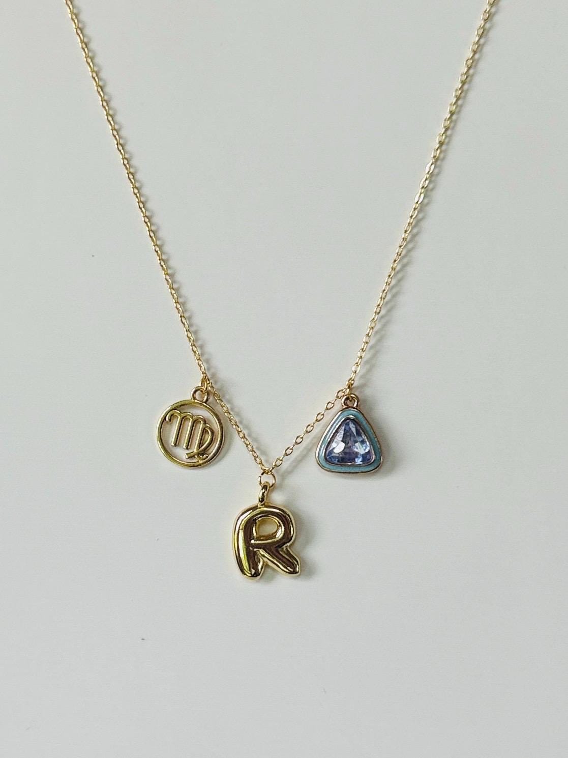 Gold Personalized Charm Necklace – 18K Gold Plated Necklace with Letter, Zodiac, and Birthstone Charms, Custom Gift for Her
