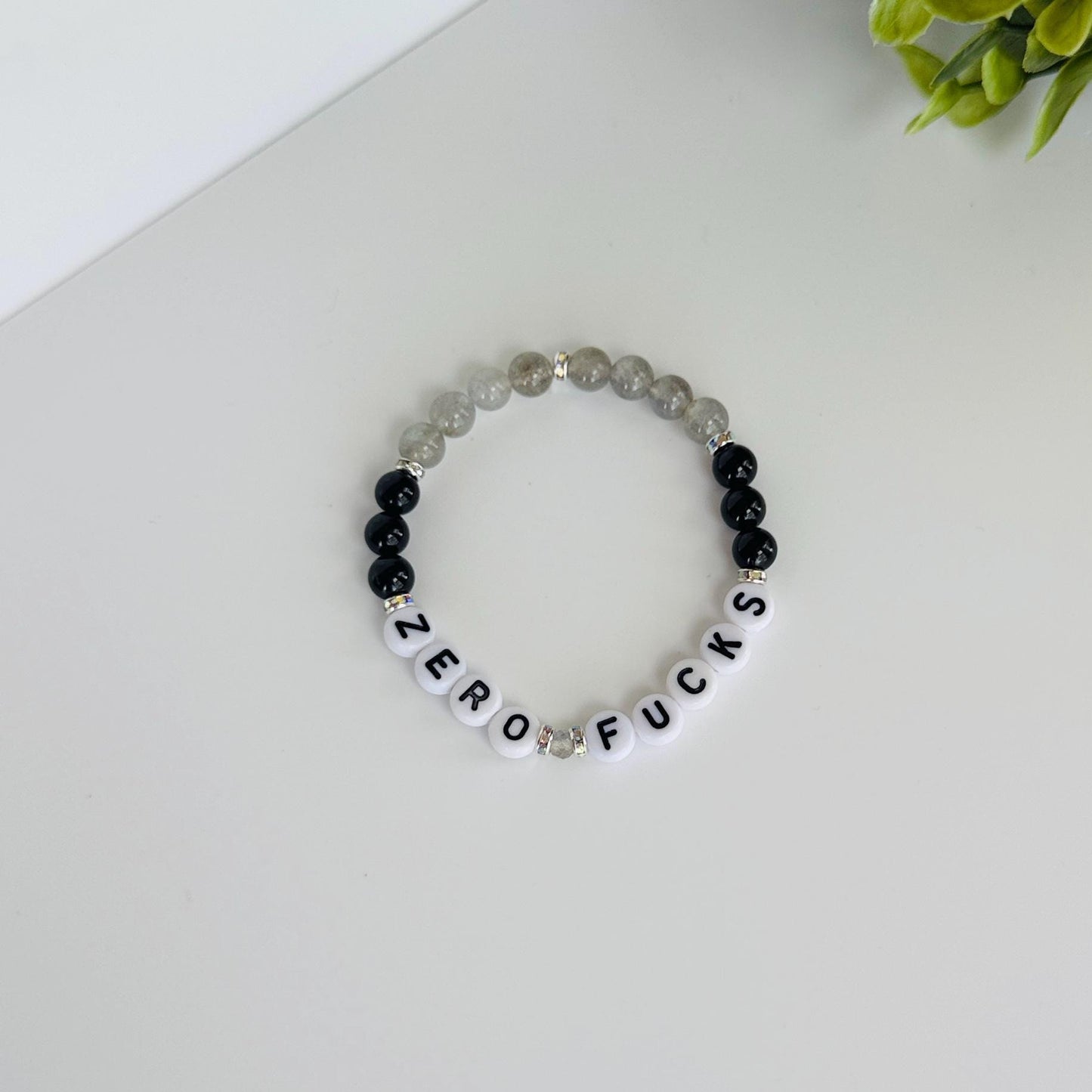 ZERO FUCKS Bracelet – Labradorite & Black Tourmaline Beaded Protection Bracelet with Silver Accents, Stretchy
