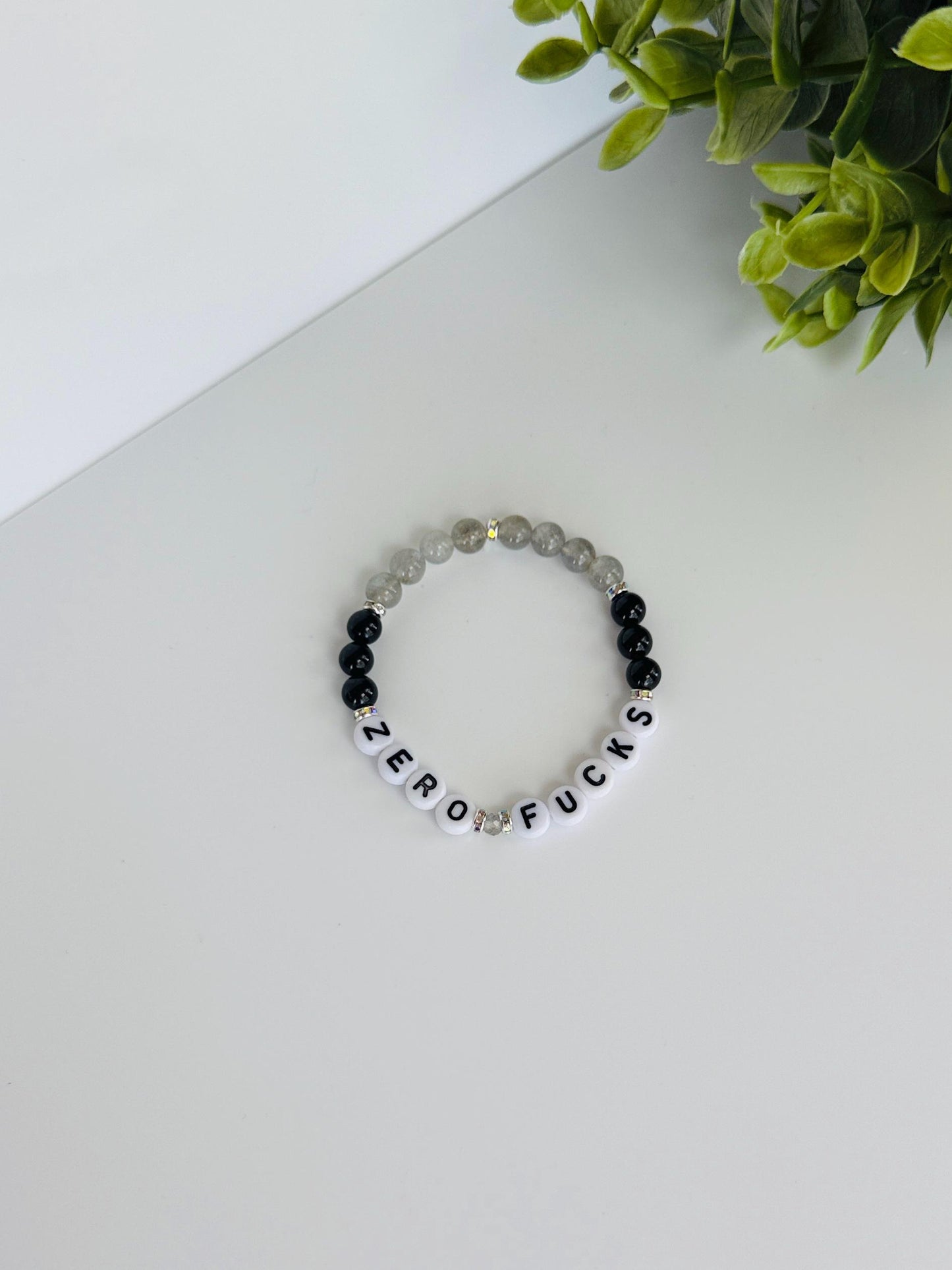 ZERO FUCKS Bracelet – Labradorite & Black Tourmaline Beaded Protection Bracelet with Silver Accents, Stretchy