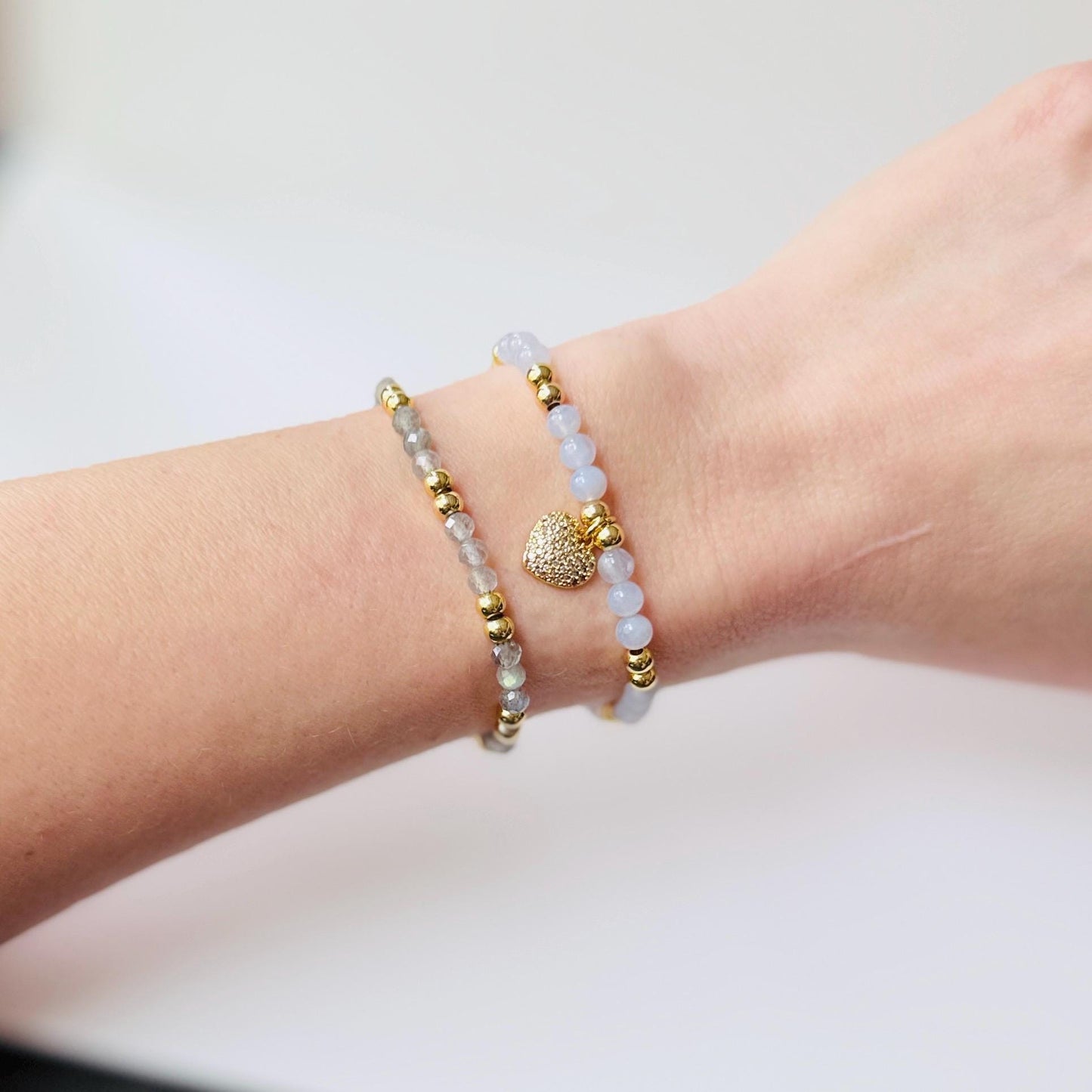 Blue Lace Agate Bracelet – 4mm Calming Crystal Beads with Gold Accents and Heart Charm, Patience and Peace Energy