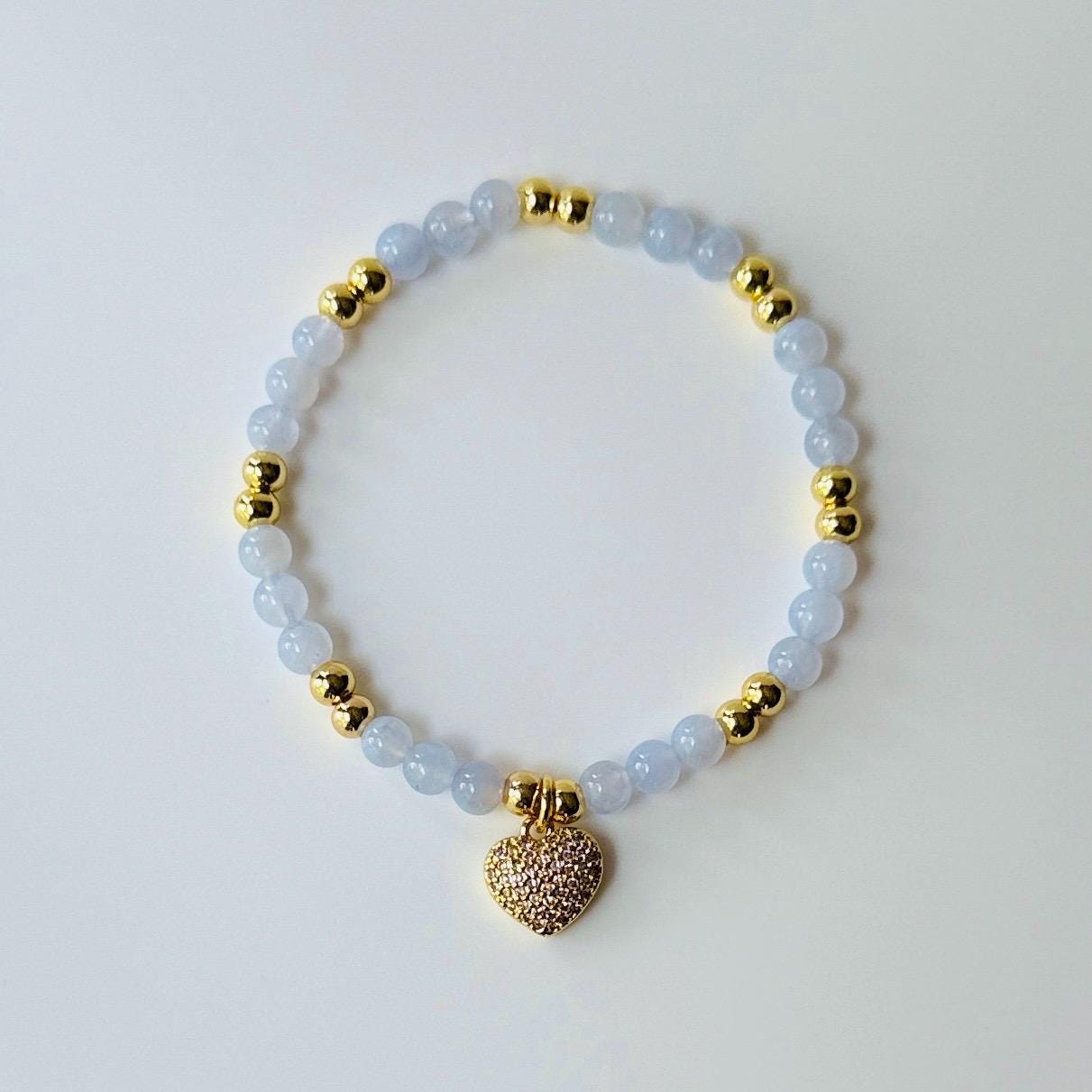 Blue Lace Agate Bracelet – 4mm Calming Crystal Beads with Gold Accents and Heart Charm, Patience and Peace Energy
