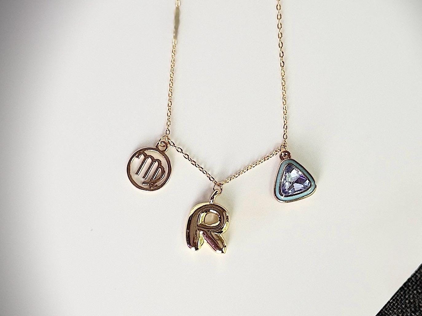 Gold Personalized Charm Necklace – 18K Gold Plated Necklace with Letter, Zodiac, and Birthstone Charms, Custom Gift for Her