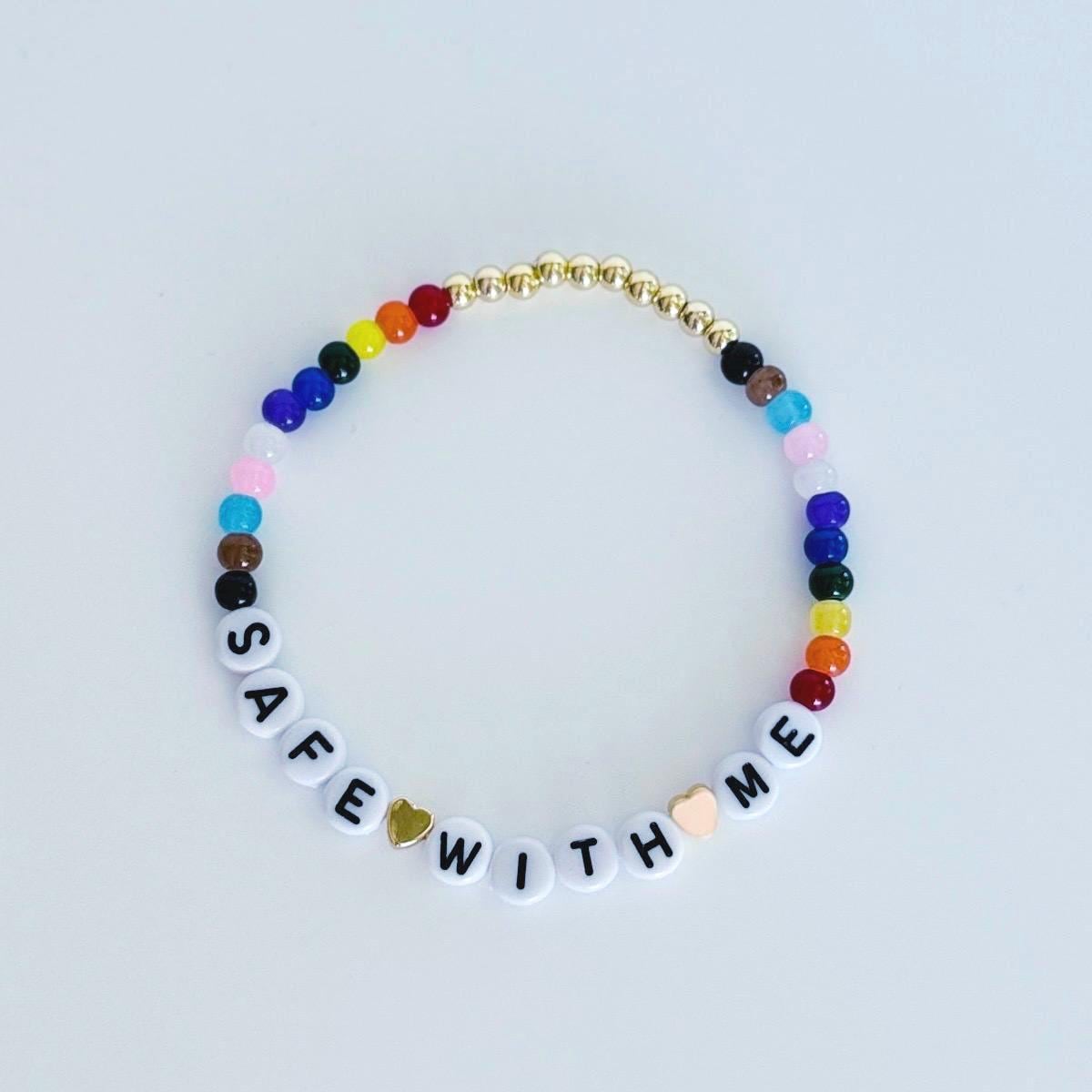 Safe With Me LGBTQIA+ Bracelet – Rainbow Pride Beaded Bracelet, Handmade Ally Jewelry, Inspirational Gift with Donation