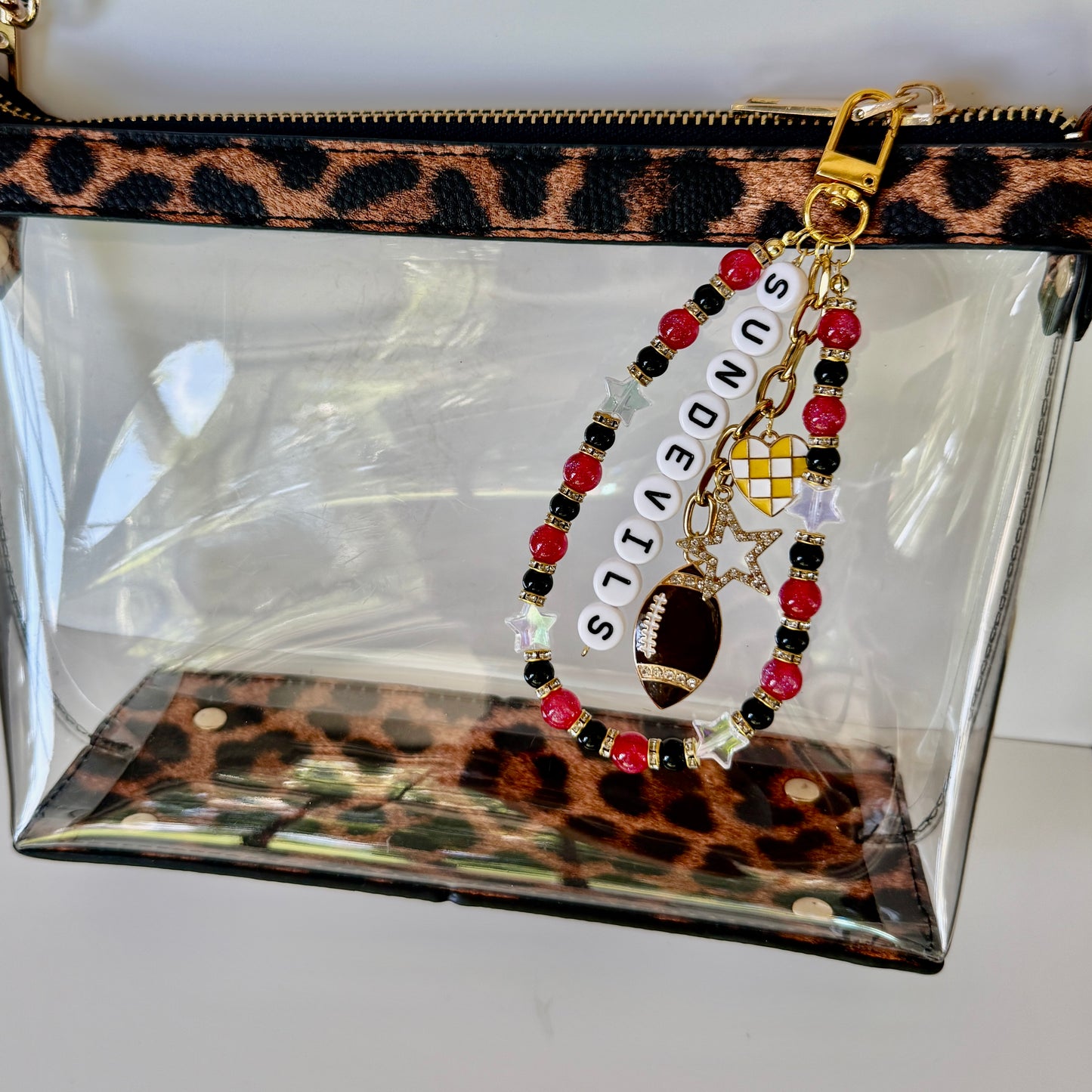 Sun Devils College Football Bag Charm – Red, Gold & Black Beaded Keychain with Charms – Game Day Purse Clip – Handmade Gift