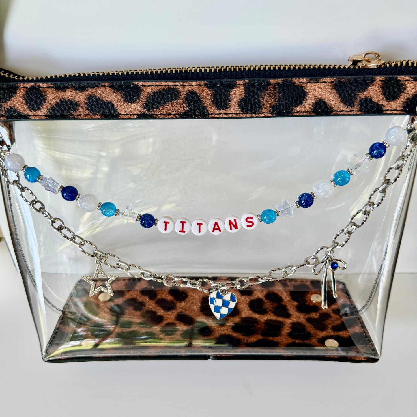 Titans Football Bag Charm or Chain – Blue & White Beaded Keychain or Purse Accessory – Game Day Stadium Bag Clip – Handmade Gift